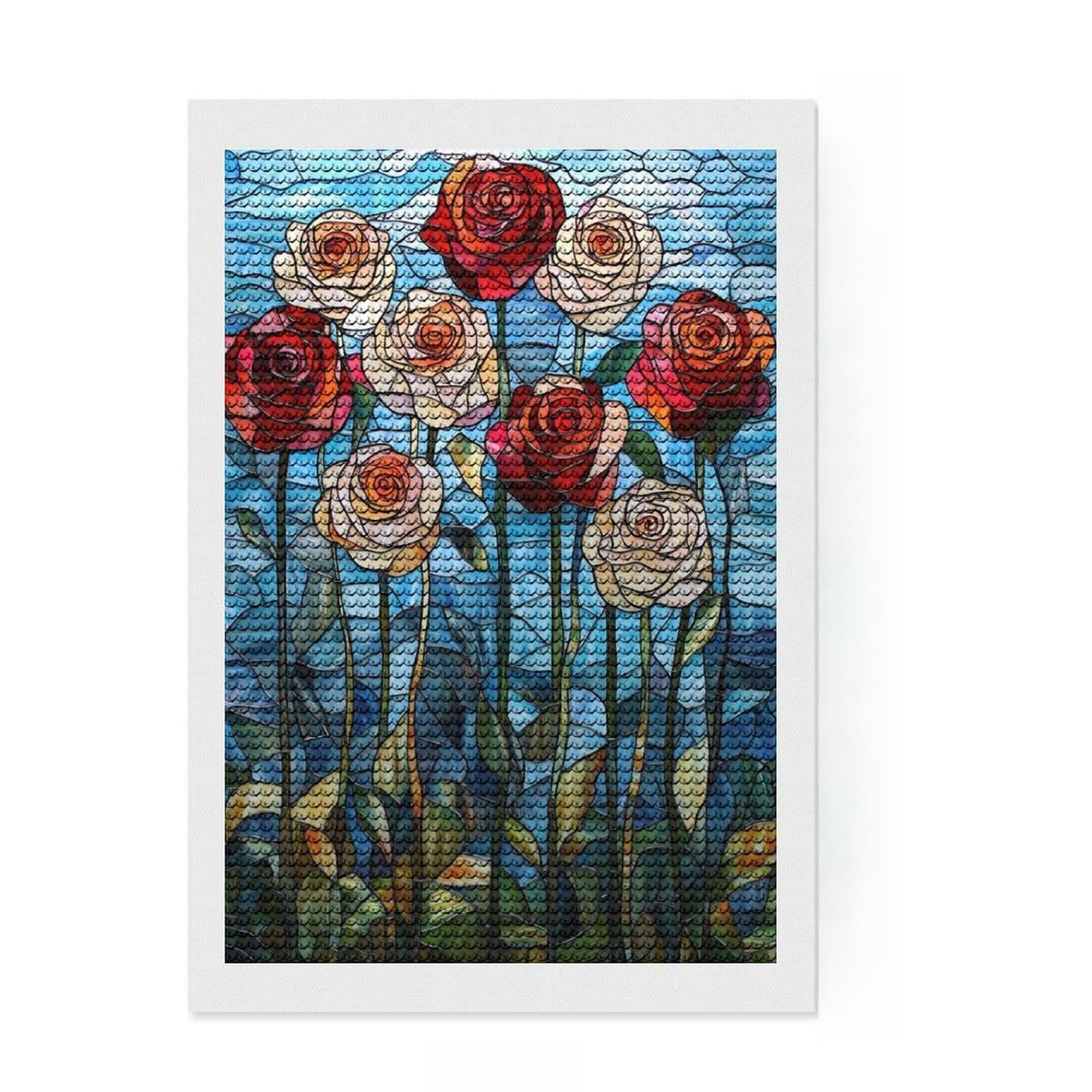 Junmoney Stained Glass Roses Diamond Art Canvas 8"x12", with Tool Kit, Office Decor, for Craft Lovers, Festive Craft Gift, Printed Canvas