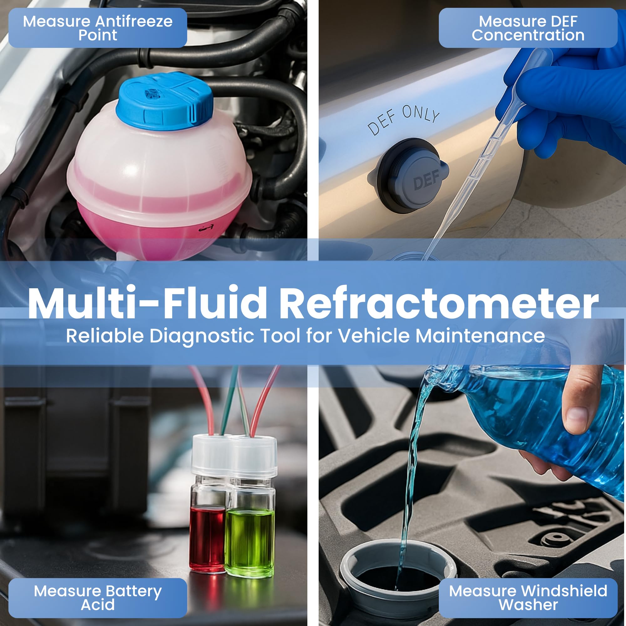 Refractómetro 4 en 1 para anticongelante de etileno y propilenglicol, DEF, ácido de batería y líquido para parabrisas, probador ATC preciso con escala °C para punto de congelación de refrigerante y