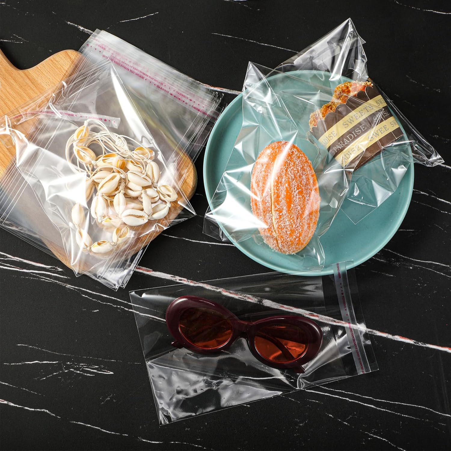 Geyoga 120 Pcs 4 Size Clear Plastic Cello Bag Resealable Self Adhesive Cellophane Bag for Candy Cookies Decorative Wrapper