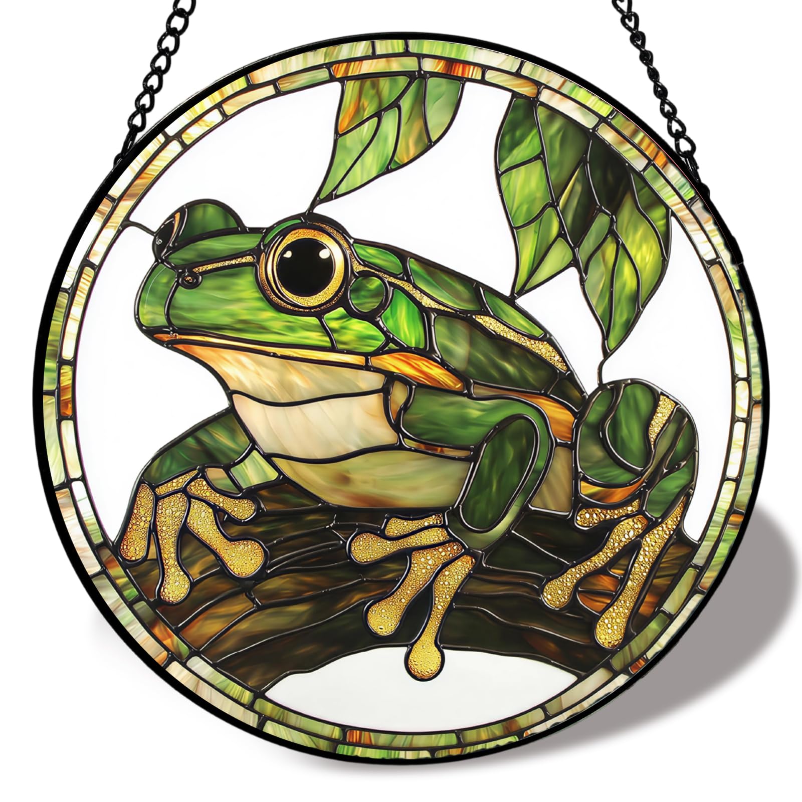 Stained Glass Frog Suncatcher, Green Frog Window Hanging Sun Catcher with Chain, Animal Wall Art Ornament, Nature Theme Home Garden Decor, Frog Gifts