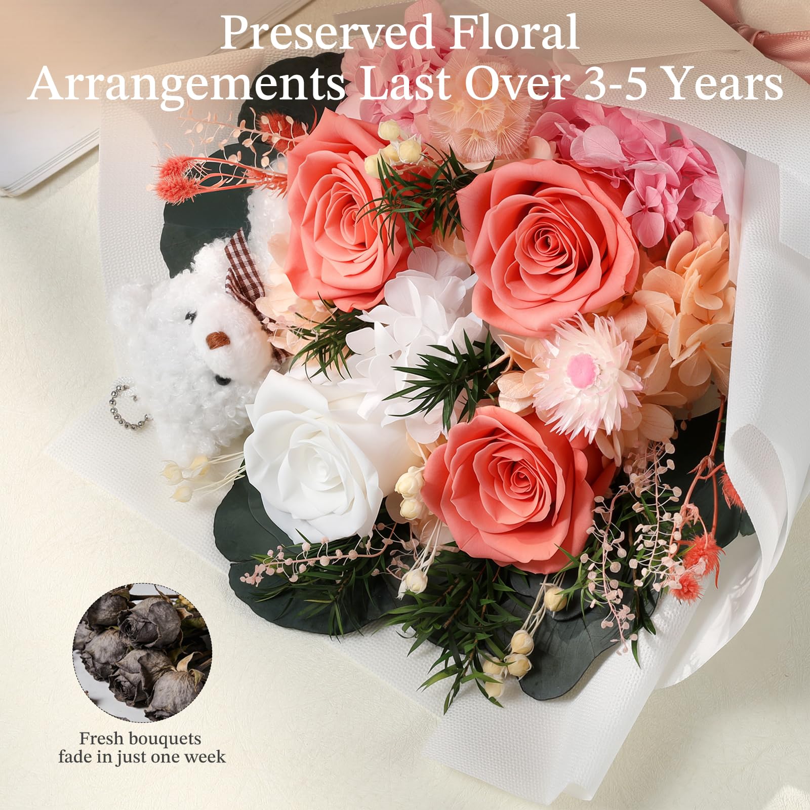 Emibele Flowers for Delivery Prime, Preserved Flowers Bouquets, Eternal Pink and White Roses with Bear, Valentines Mother's Day Birthday Anniversary Graduation Flower Gifts for Her Girlfriend Women