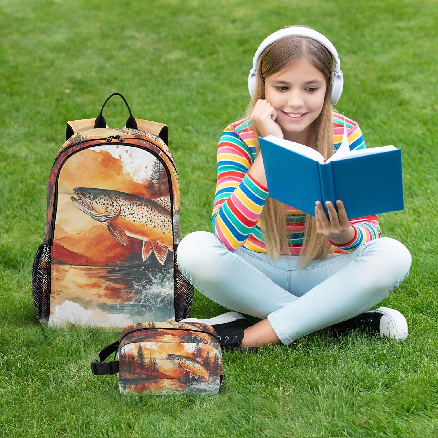 Trout Landscape Forest Backpack for School Boys Girls and Teens, Backpack for Men and Women, Lightweight Bookbag with Lunch Boxes Travel Laptop Daypack 18.5 x 11.8 In