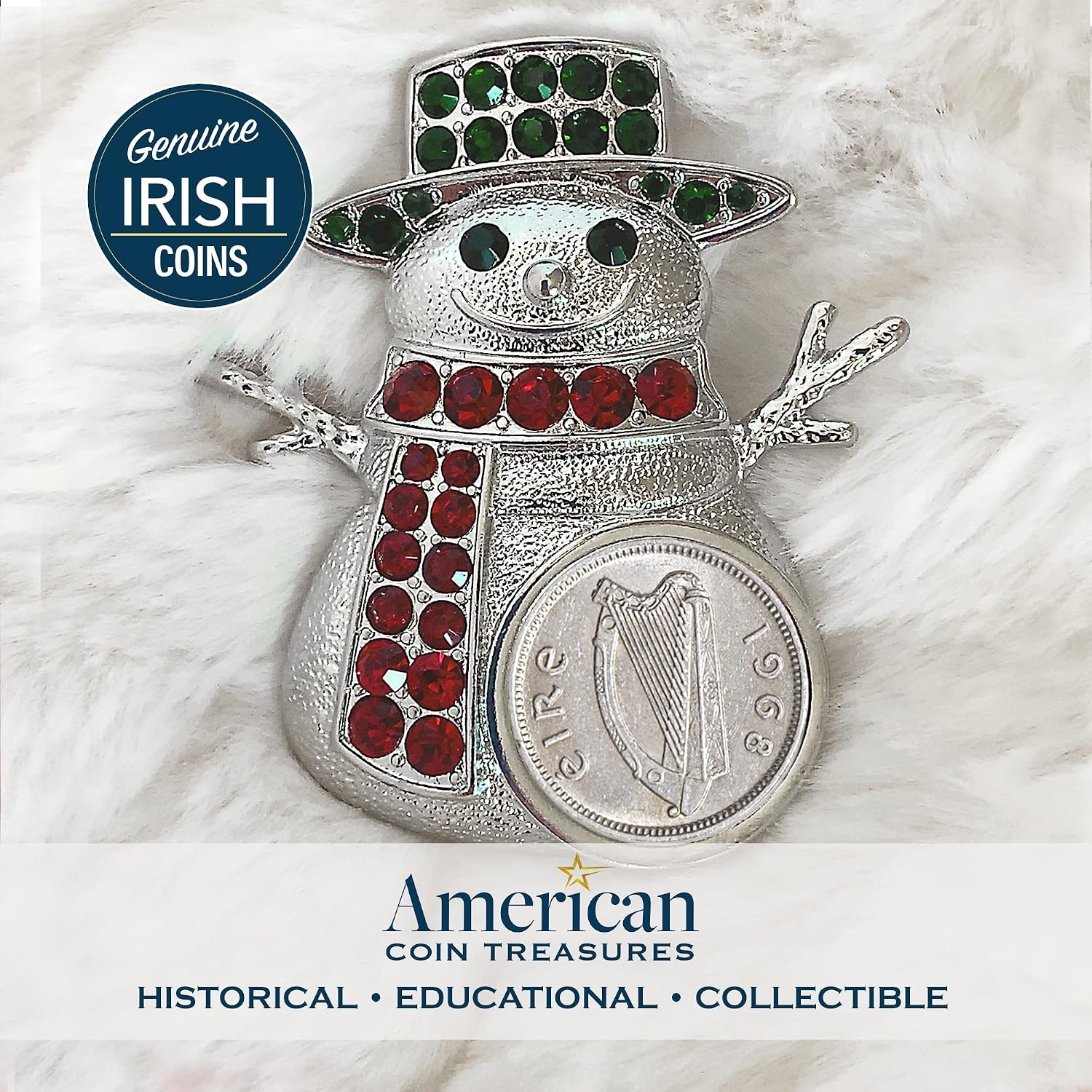 Brooch Irish Threepence Coin Jewelry- Snowman Pin- Silvertone Bezel-Minted in Ireland Featuring Harp Side