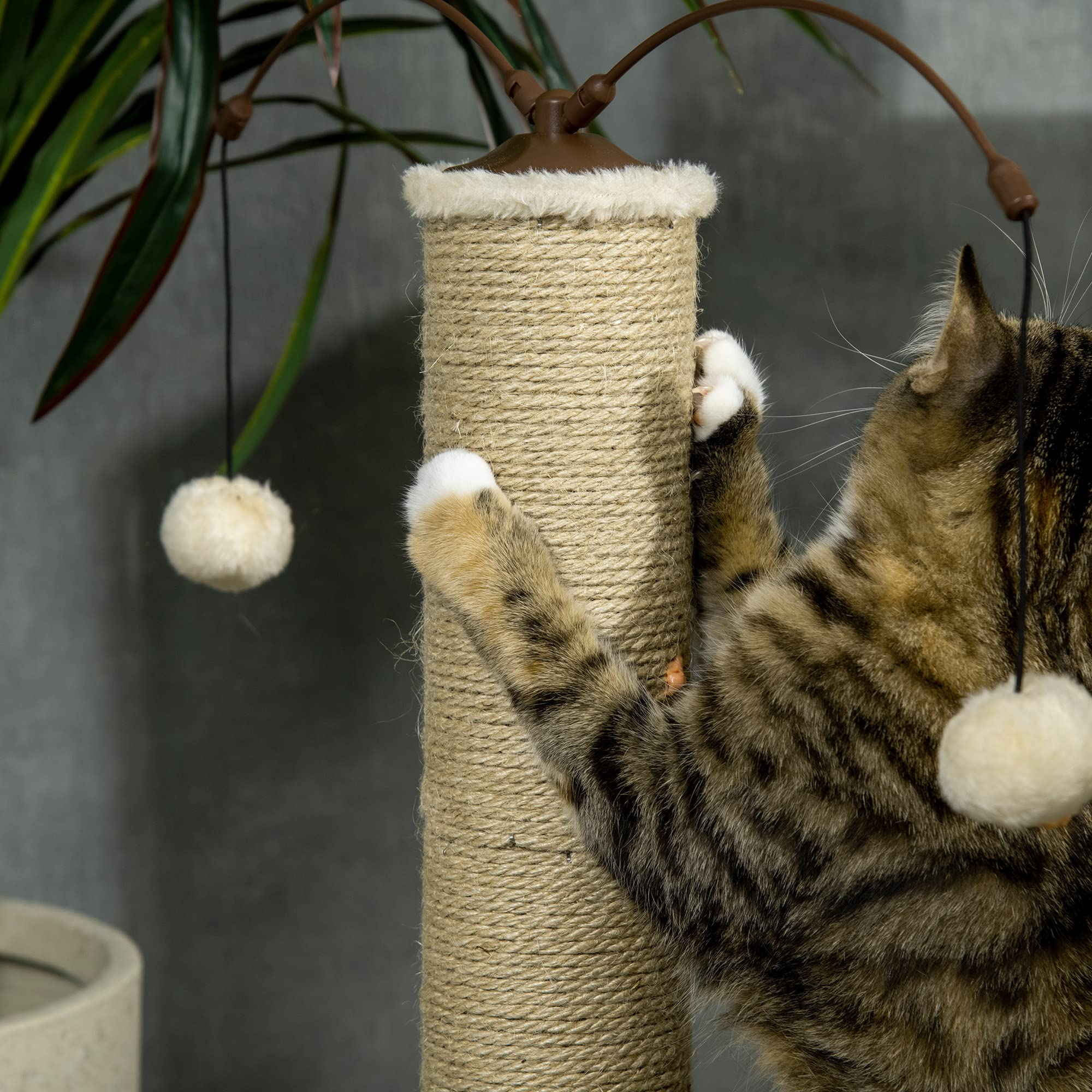 PawHut Árbol para Gatos Techo Ajustable 40x40x225-285 cm Beige | 225-285 cm Altura Ajustable, Árbol para Gatos Grande, con Plataformas, Hamaca, Caseta, Poste de Yute, Rampa y Bolas