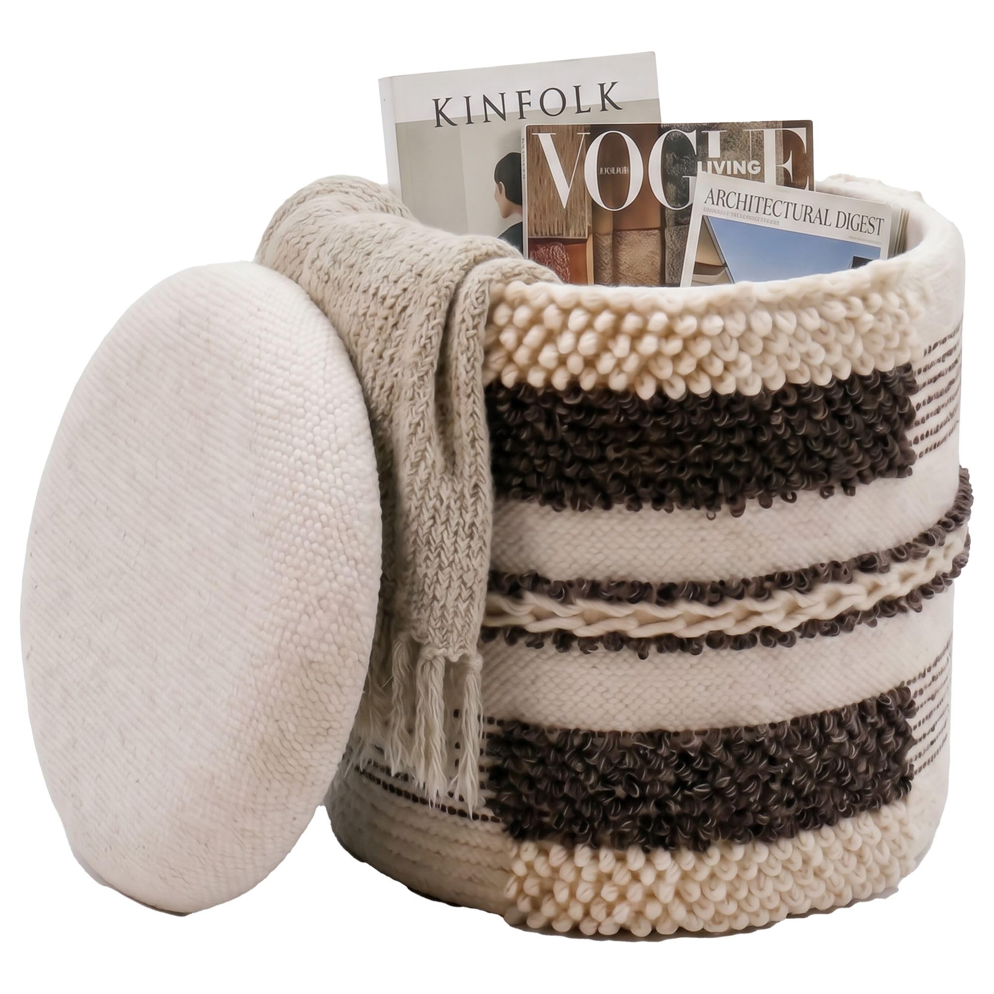 FineBuy Pouf Rotondo 40 cm Lana Beige con Vano Contenitore | pouf imbottito coperchio amovibile, pouf in tessuto in stile boho, sgabello da toeletta fino a 120 kg, artigianale