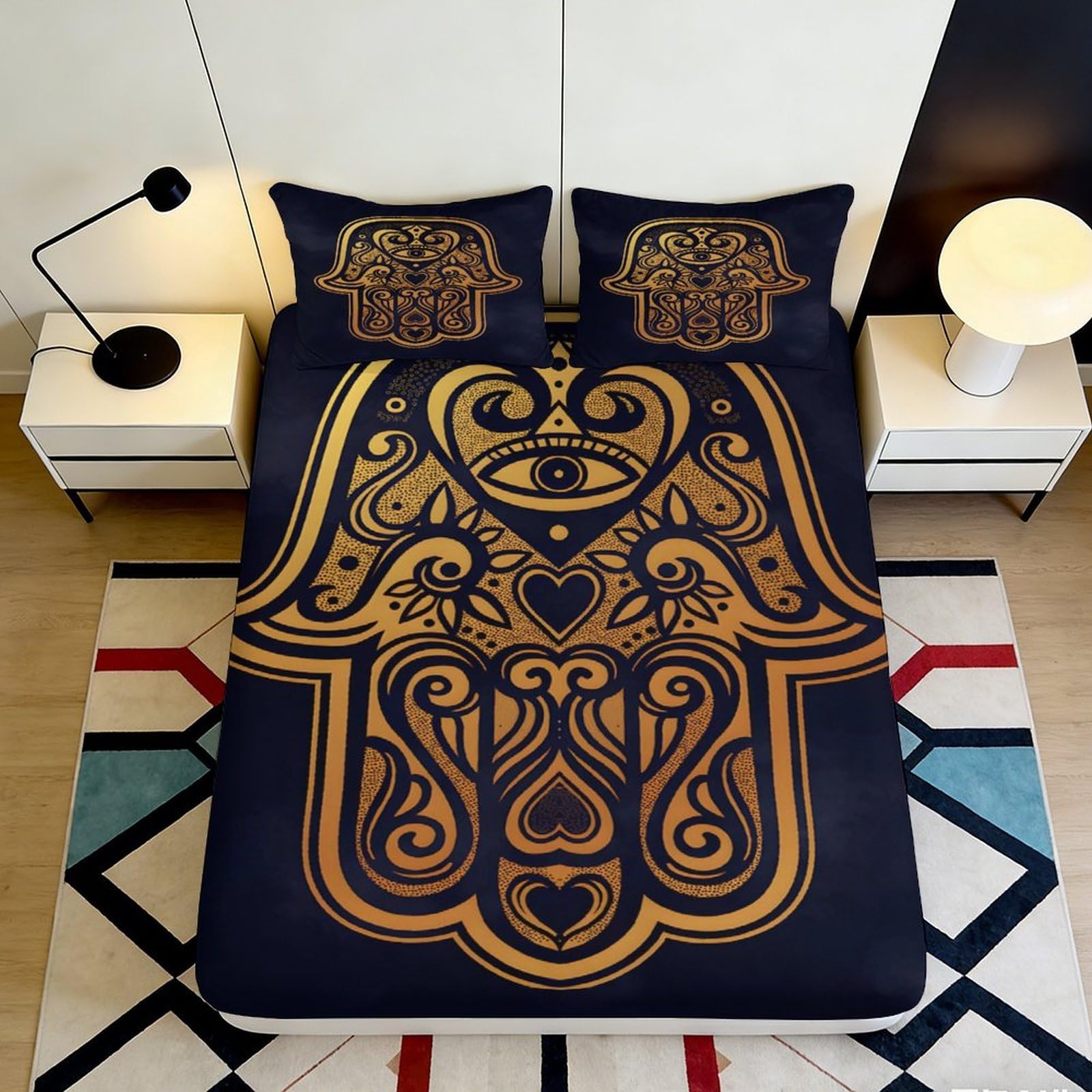 Pnayamiorkfel Style-2 3D Printed Hamsa Hand Fitted Sheet Microfiber Black Gold Mandala Bed Cover Anti-Slip Machine Washable Decor For Bedroom Guest Room 90X200x25cm