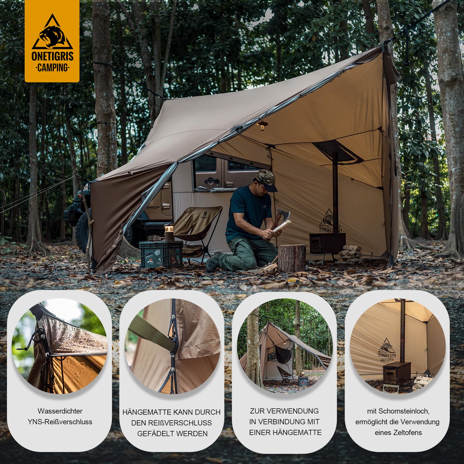 OneTigris COZSHACK namiot dla 2-4 osób, wodoszczelny, 2000 mm, wiatroszczelny, kempingowy, duży namiot ze śniegową spódnicą, ciepły namiot na zimę, namiot hamakowy, do użytku na zewnątrz, mały rozmiar