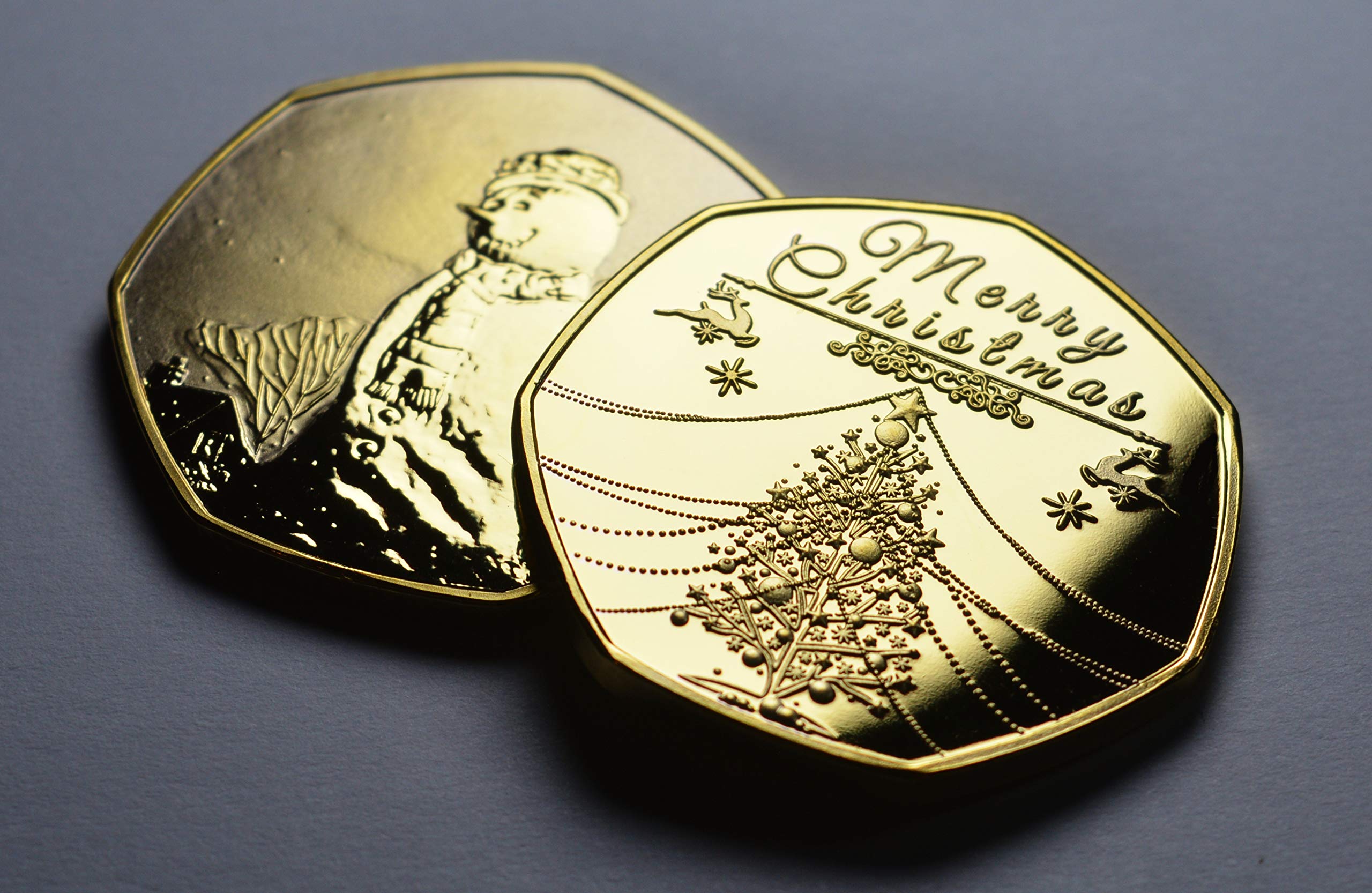 The Commemorative Coin Company Pair of MERRY CHRISTMAS 24ct Gold Commemoratives. Santa/Snowman/Reindeer/Tree Gift/Present/Stocking Xmas/Festive
