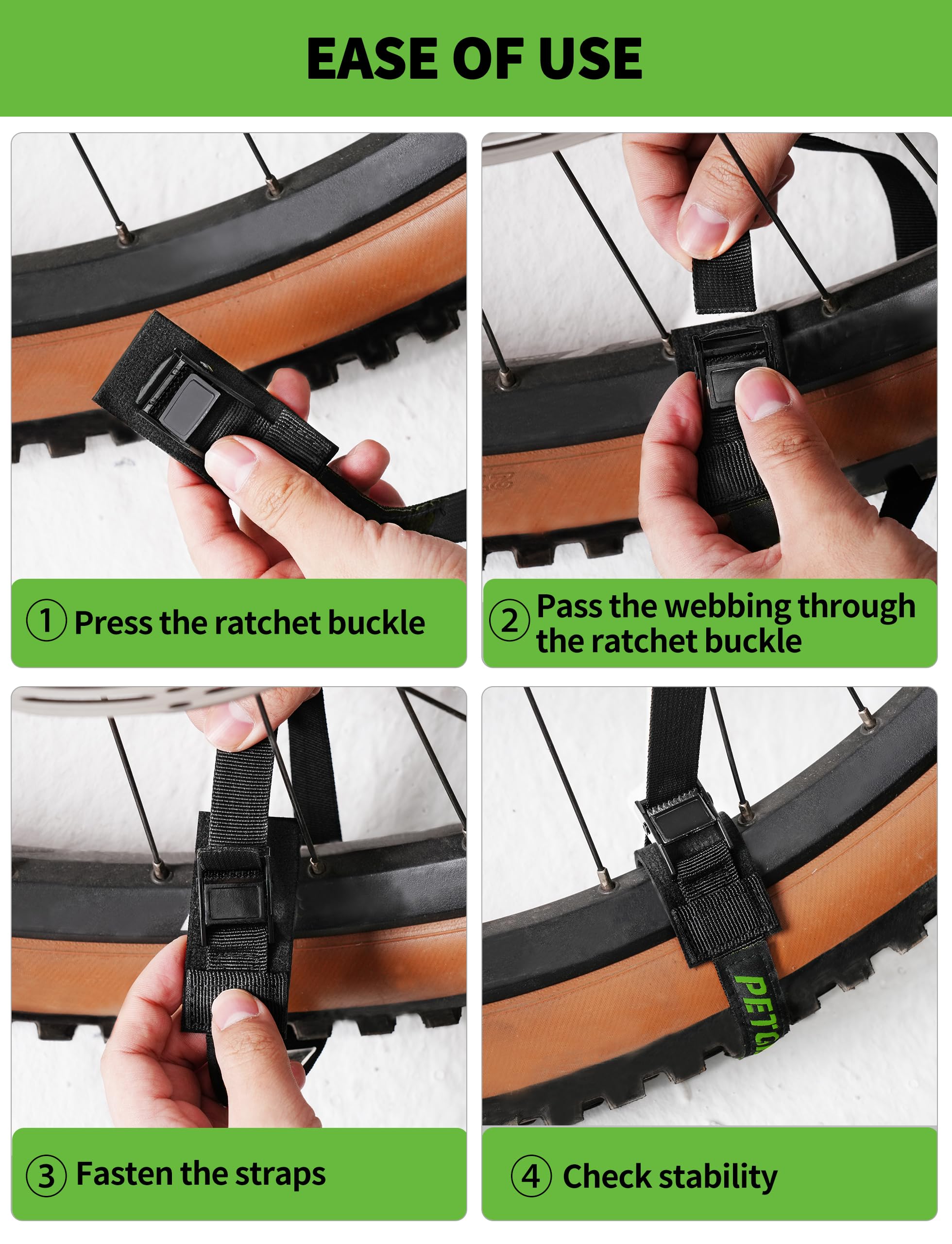 EBike Rack Straps, Suitable for All Bike Racks | 4 Pieces | Length 16 in | Width 0.8 mm | 440 lbs Load Capacity | clamp Lock, Lashing Strap for roof Rack, Kayak Lashing