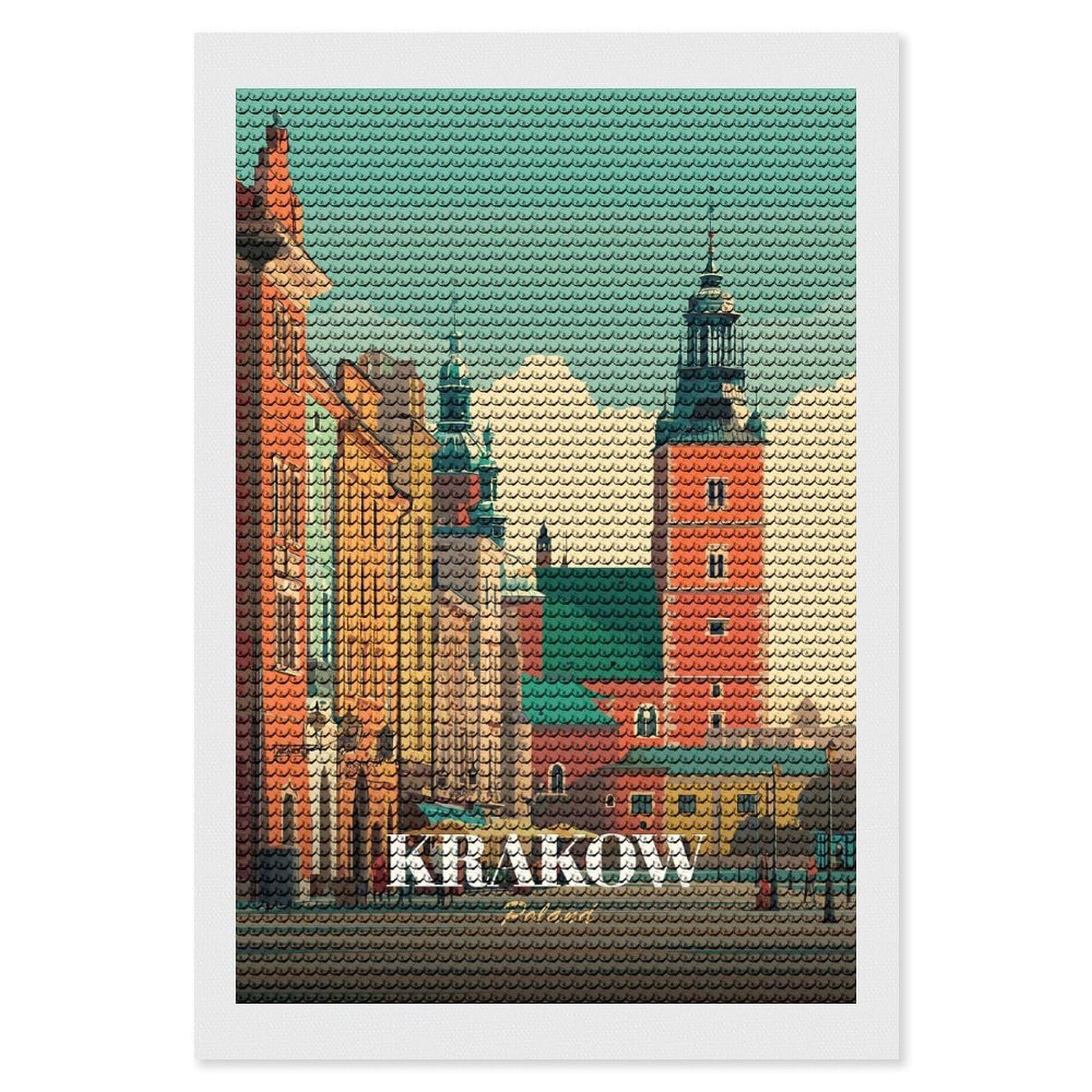 Junmoney Krakow, Poland Cityscape Illustration(2) Diamond Art Kit 8"x12", Gift Idea, for Family Craft Time, Mindful Craft Activity, Boho Decor, Relaxing DIY Hobby