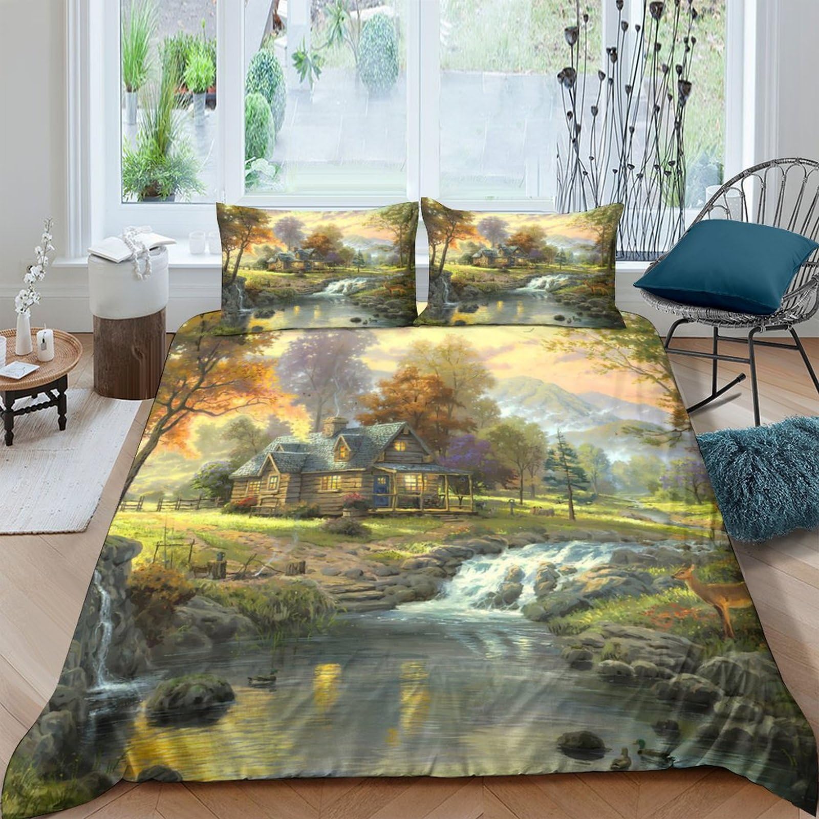 Ctjqhvkz Style-3 3D Printed Autumn Forest Landscape Fitted Sheet Microfiber Soft Waterfall Bed Cover For Bedroom Decor Single（135X200cm）