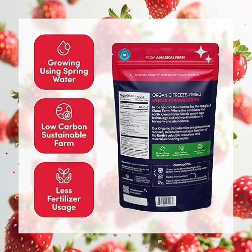 Miniatura 2 de Claros Farm Fresas orgánicas enteras liofilizadas (paquete de 1.06 onzas), alimentos liofilizados saludables, sin gluten, veganos, bocadillos de