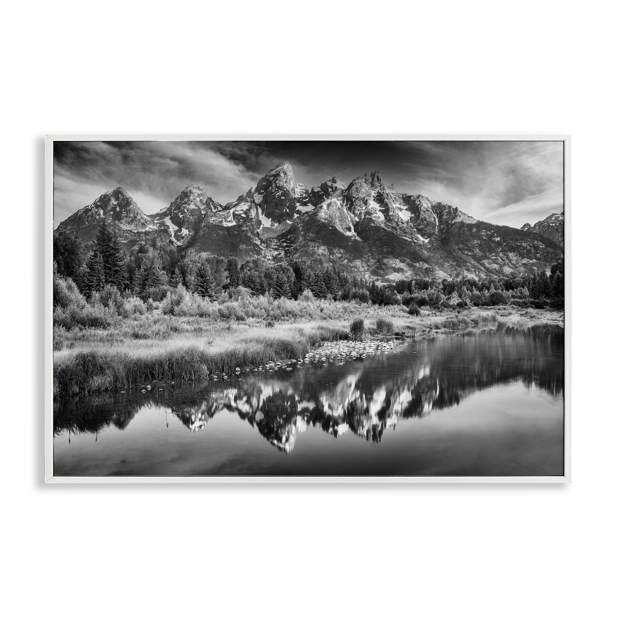 Stupell Industries Coastal White (Textured) Teton Mountain Reflections Landscape, 20 X 30 Inch Framed Giclée Print