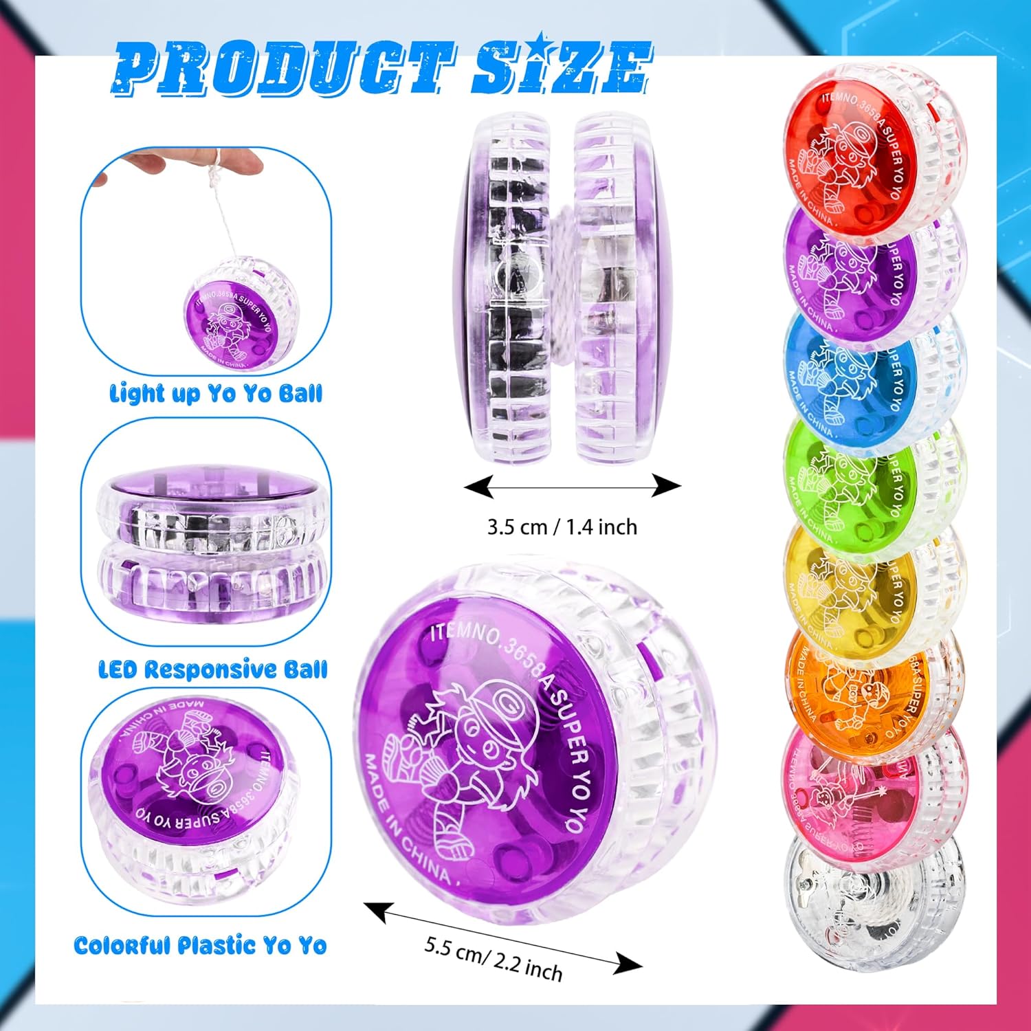 72 Pcs Colorful Light up Yo Yo Ball Bulk LED Responsive Ball Auto Return Bearing Balls Yoyo for Kids Beginner Birthday Classroom Bag Fillers Prizes Gifts, 8 Colors