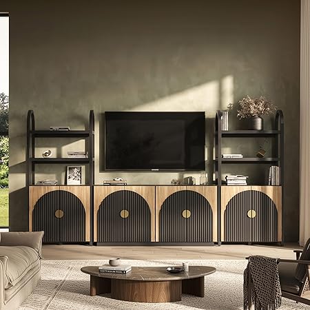 BELLEZE 3-Piece Arched TV Stand Entertainment Center with Storage, Mid Century Modern 2-Piece 72″ Tall Storage Cabinets and 65″ Fluted TV Console for Living Room (Camel)