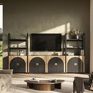 BELLEZE 3-Piece Arched TV Stand Entertainment Center with Storage, Mid Century Modern 2-Piece 72″ Tall Storage Cabinets and 65″ Fluted TV Console for Living Room (Camel)