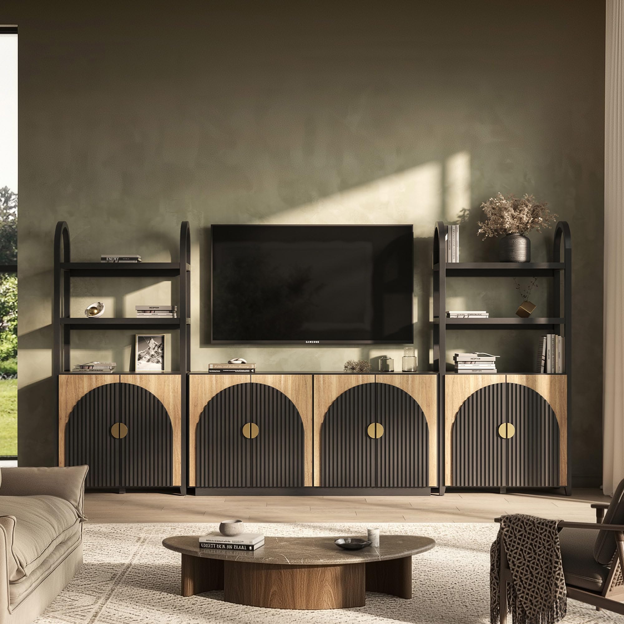 BELLEZE 3-Piece Arched TV Stand Entertainment Center with Storage, Mid Century Modern 2-Piece 72″ Tall Storage Cabinets and 65″ Fluted TV Console for