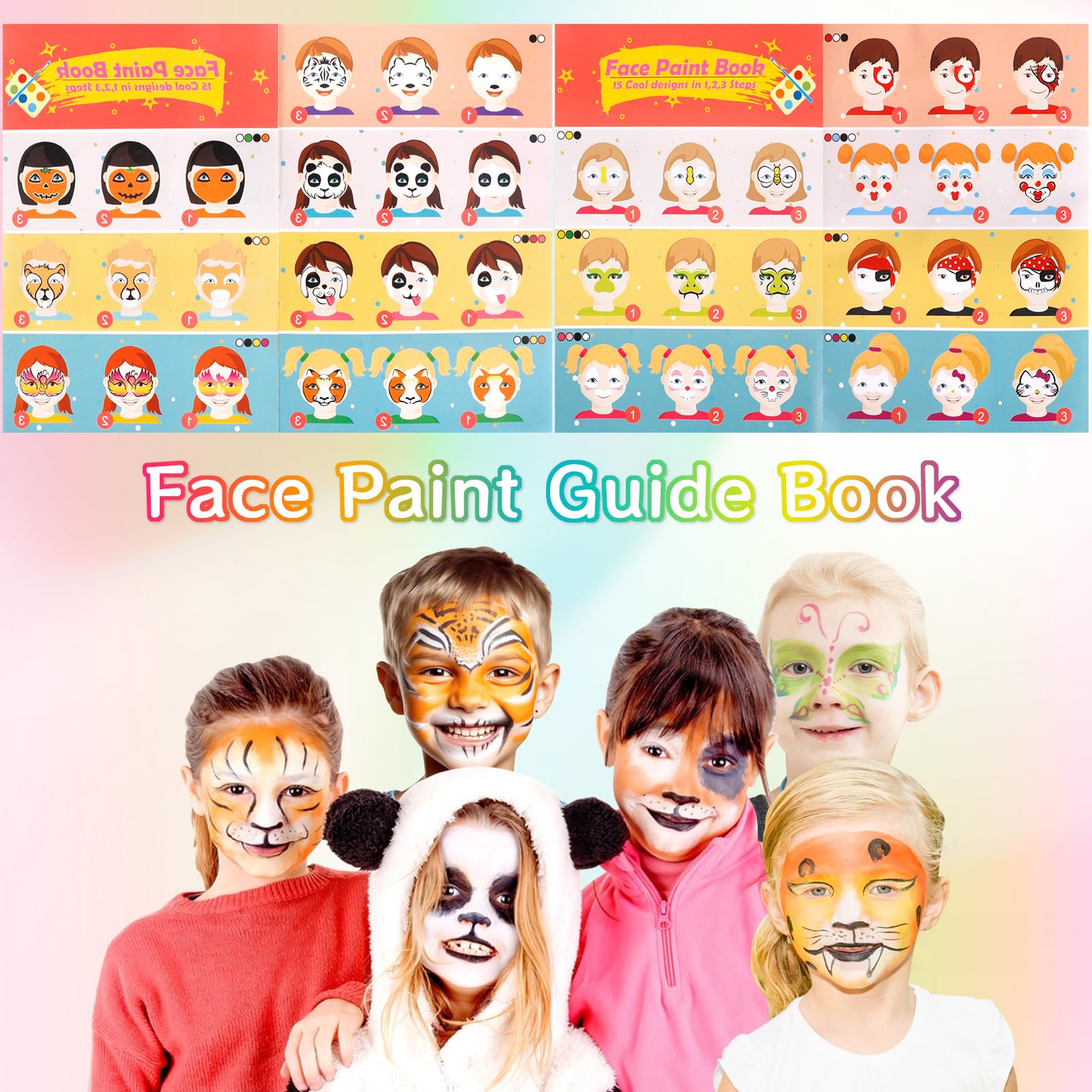 Truccabimbi 24 Colori Per Bambini: Kit Face Painting Con 4 Pennelli, 40 Tatuaggi Adesivi, Stencil A Diamante E Glitter, Sicuro E Atossico Per Halloween E Carnevale