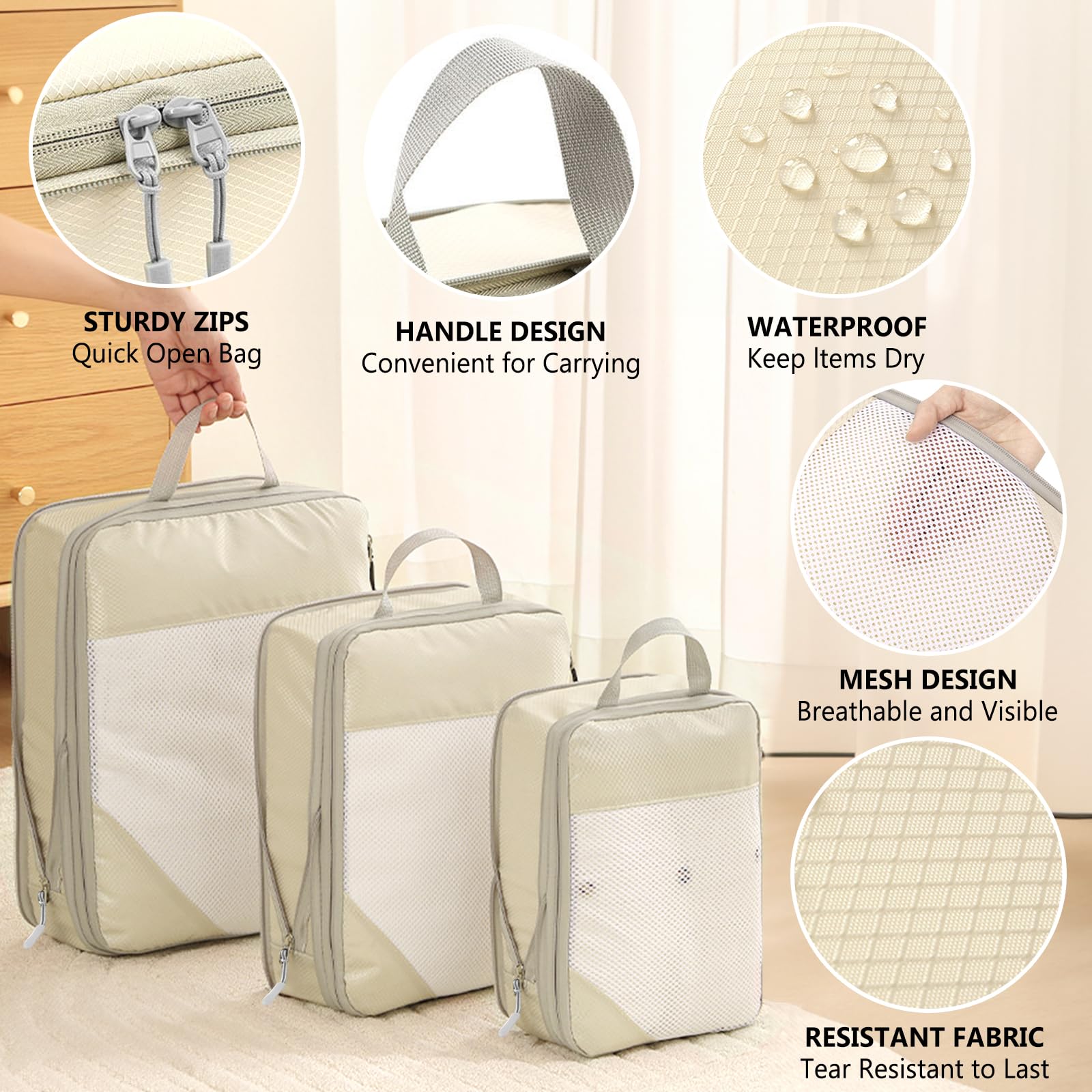 8 Teilige Compression Packing Cubes Set,Kleidertaschen,Schuhtaschen,Koffer Organizer Set,Organizer Packing Cubes Compression,für Koffer,Backpack,Reise organizers,Ordnungssystem für Koffers-Beige