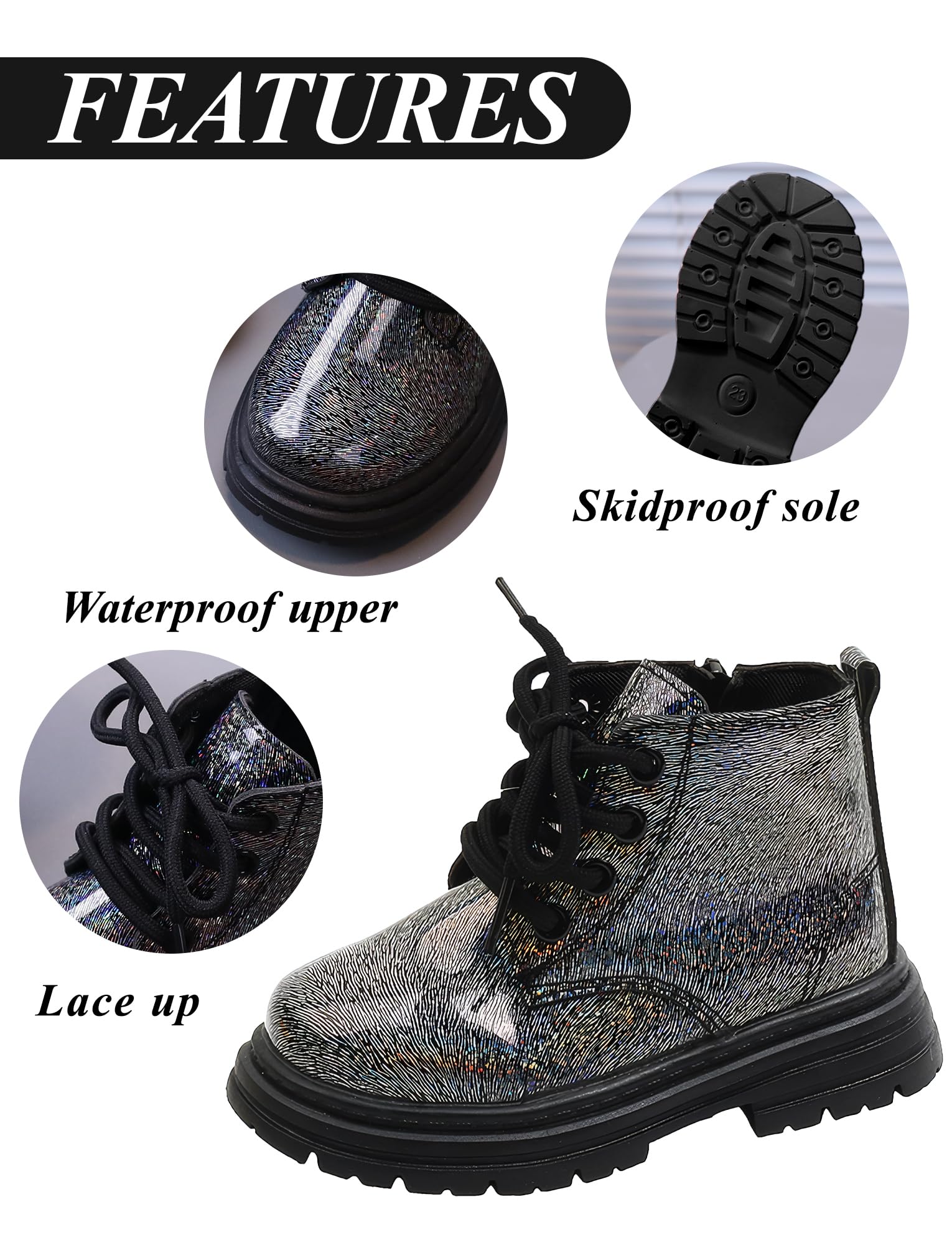 Maeau Bottes à Lacets Enfant Fille et Garçon Bottines à la Cheville Brillantes avec Fermeture Éclair Bottes Classiques Imperméable Chaussures Antidérapant d'hiver Automne Printemps Souples 21-30 EU