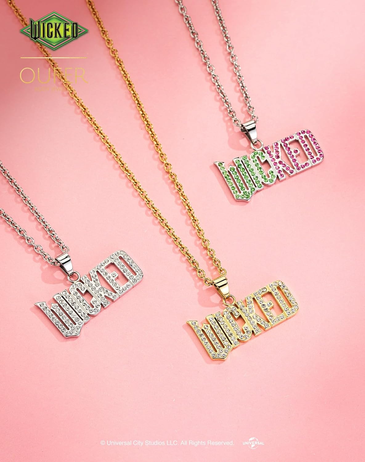 OUFER Officially Licensed Wicked Pendant Necklace, Stainless Steel CZ Pendant Necklace, Keepsake Box Included, Adjustable 15.75–17.72 in (40–45 cm), Gold Tone PVD/Silver/Green & Pink CZ