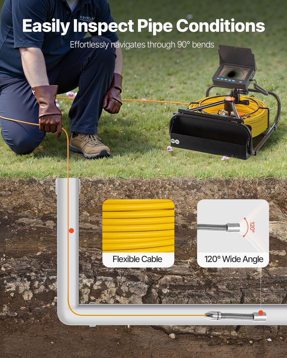 VEVOR Sewer Camera, 164ft/50M 4.3" Pipe Drain Inspection Camera with DVR Function & Snake Cable, Waterproof IP68 Borescope w/LED Lights, Industrial Endoscope for Home Wall Duct Drain Pipe Plumbing