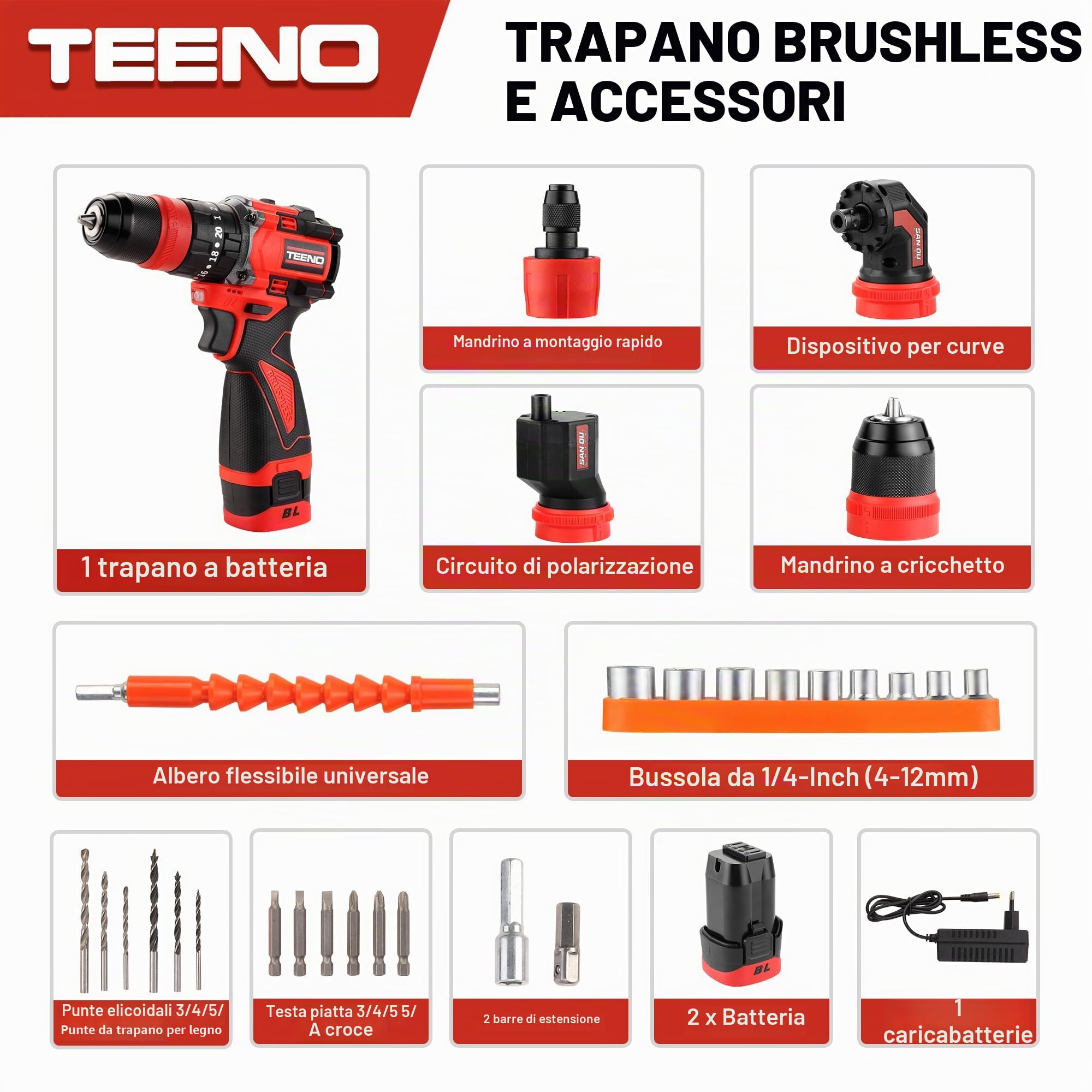 TEENO Avvitatore a batteria 18 V senza spazzole professionale, kit trapano wireless, 20+3 velocità, 45 Nm, 2 velocità, con 4 testine multifunzione