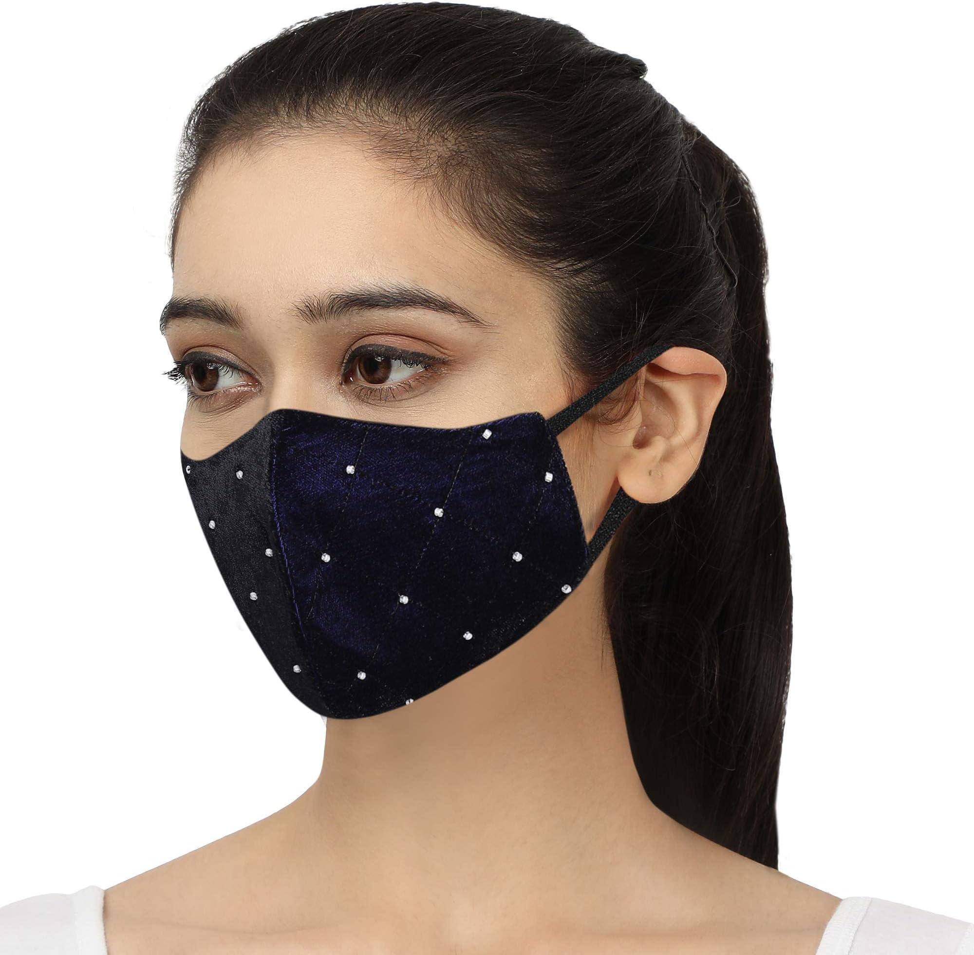 MASQ by Q-One 4 Layer Reusable, Washable Velvet Cloth Face Mask Combo for Women with Detachable Chain & Mask Bag (Multicolor)