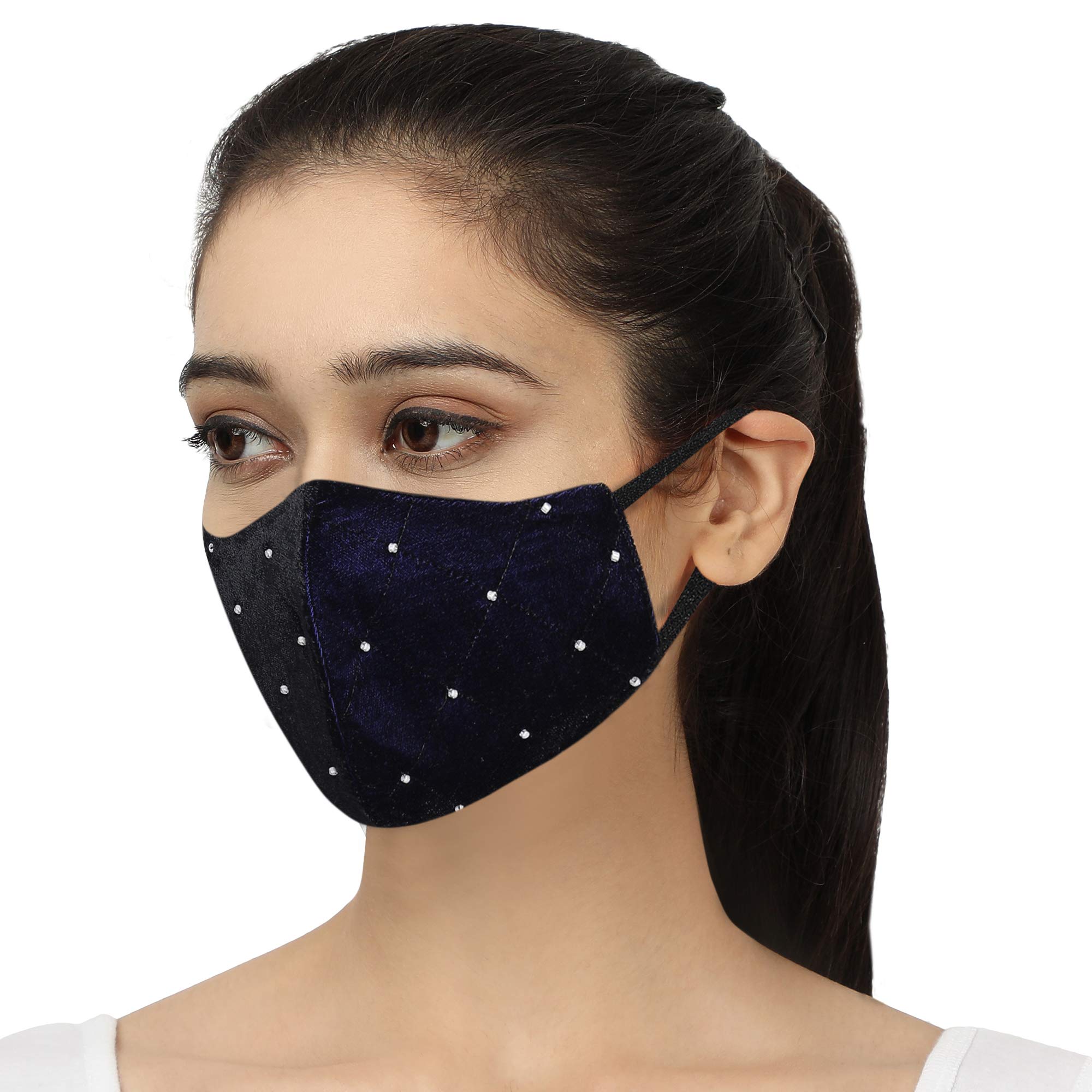 MASQ by Q-One 4 Layer Reusable, Washable Velvet Cloth Face Mask Combo for Women with Detachable Chain & Mask Bag (Multicolor)