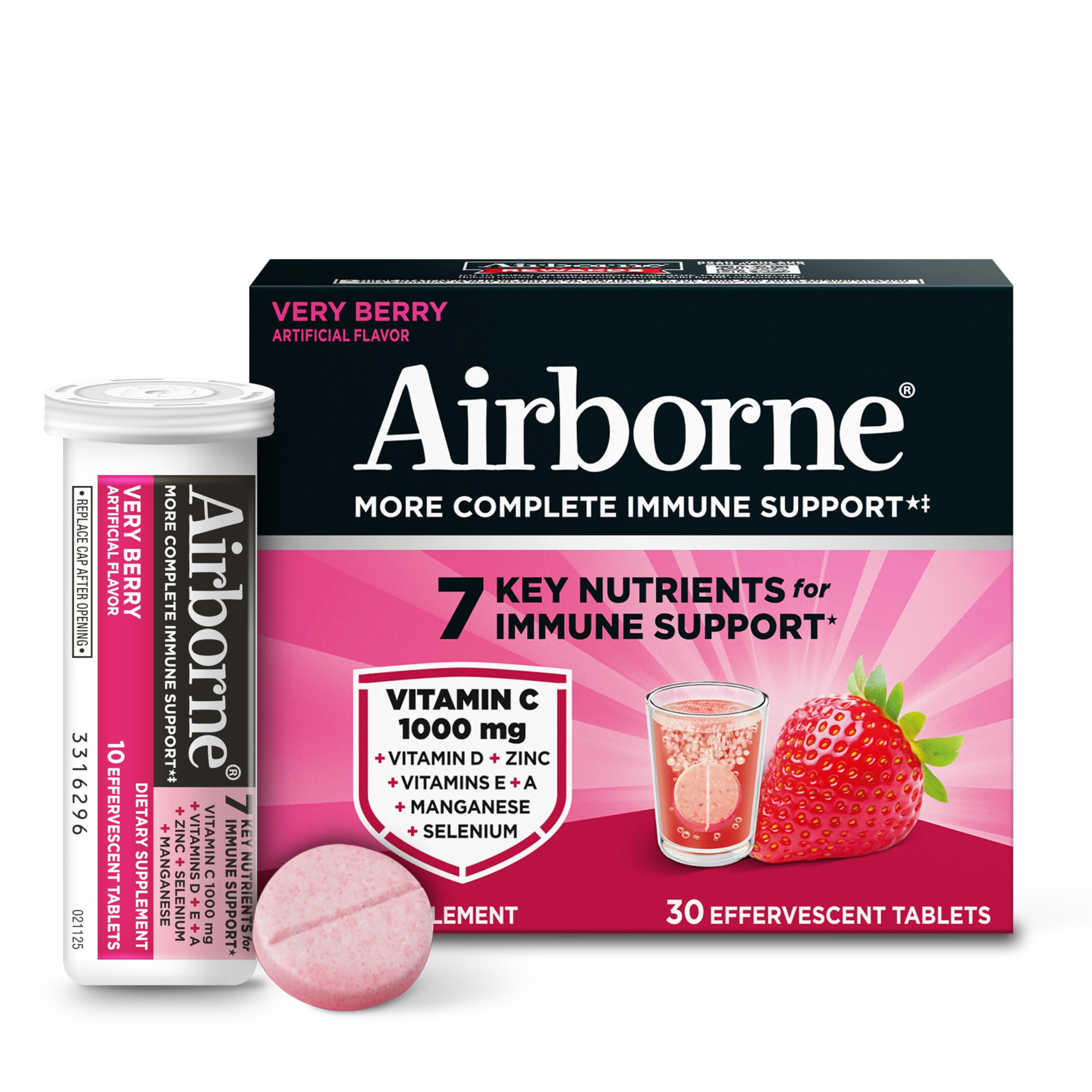Airborne 1000mg Vitamin C with Zinc, SUGAR FREE Effervescent Tablets, Immune Support Supplement with Powerful Antioxidants Vitamins A C & E - 30 Fizzy Drink Tablets, Very Berry Flavor