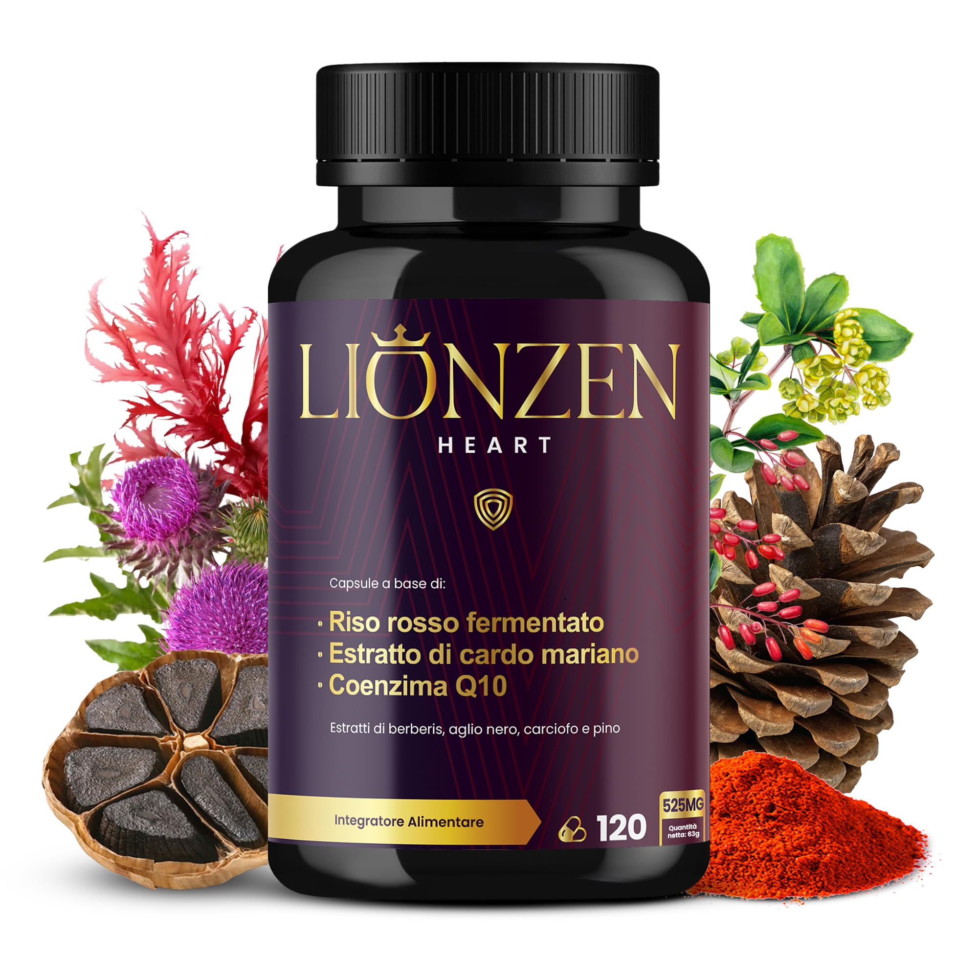 Riso Rosso Fermentato (2,99mg di Monacolina K) + Coenzima Q10, Cardo Mariano +10 Ingredienti | Berberina, Astaxantina, Policosanolo | Benessere Metabolico e Antiossidante | LIONZEN Heart