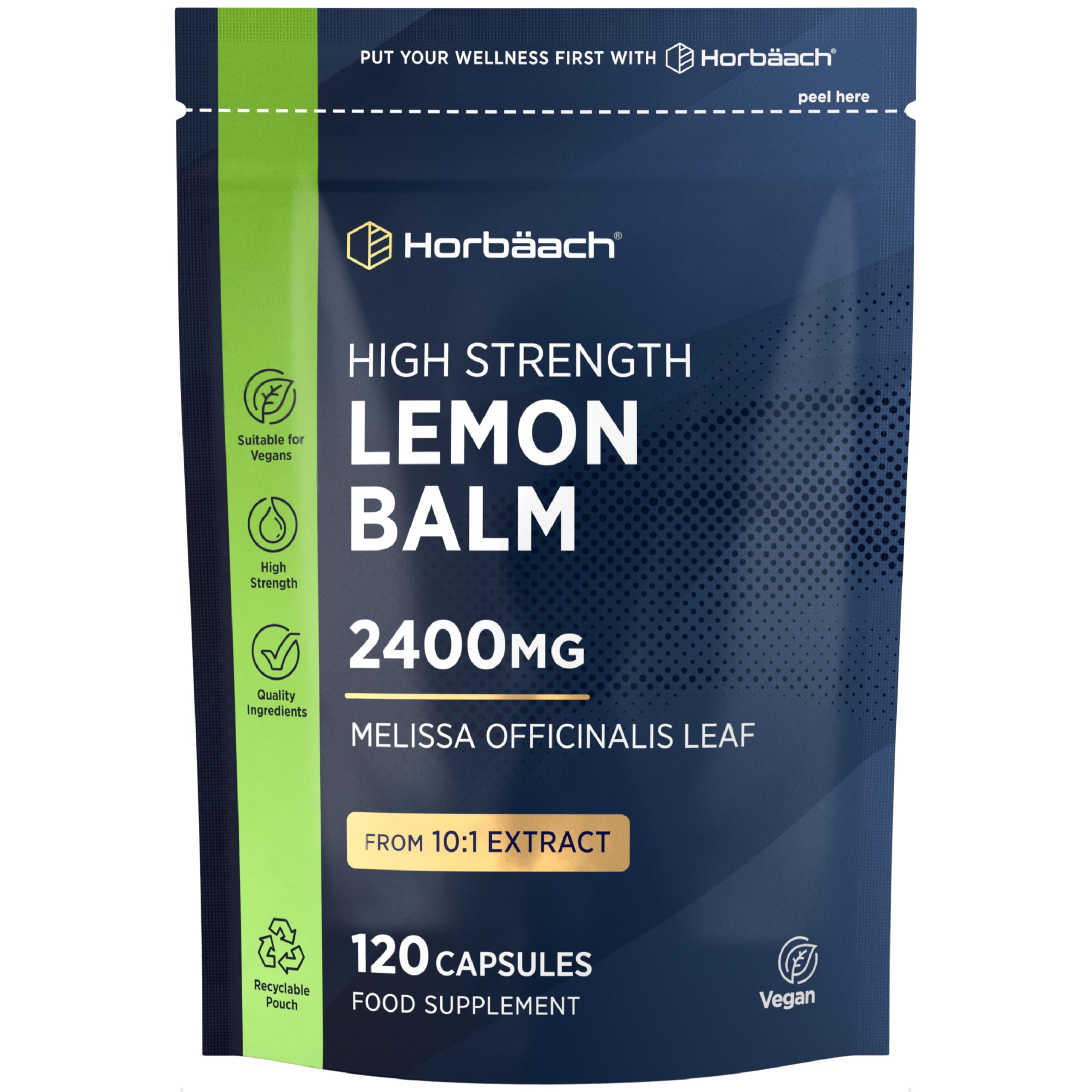Lemon Balm Capsules 2400mg | Melissa Leaf Extract | 120 Vegan Capsules | by Horbaach