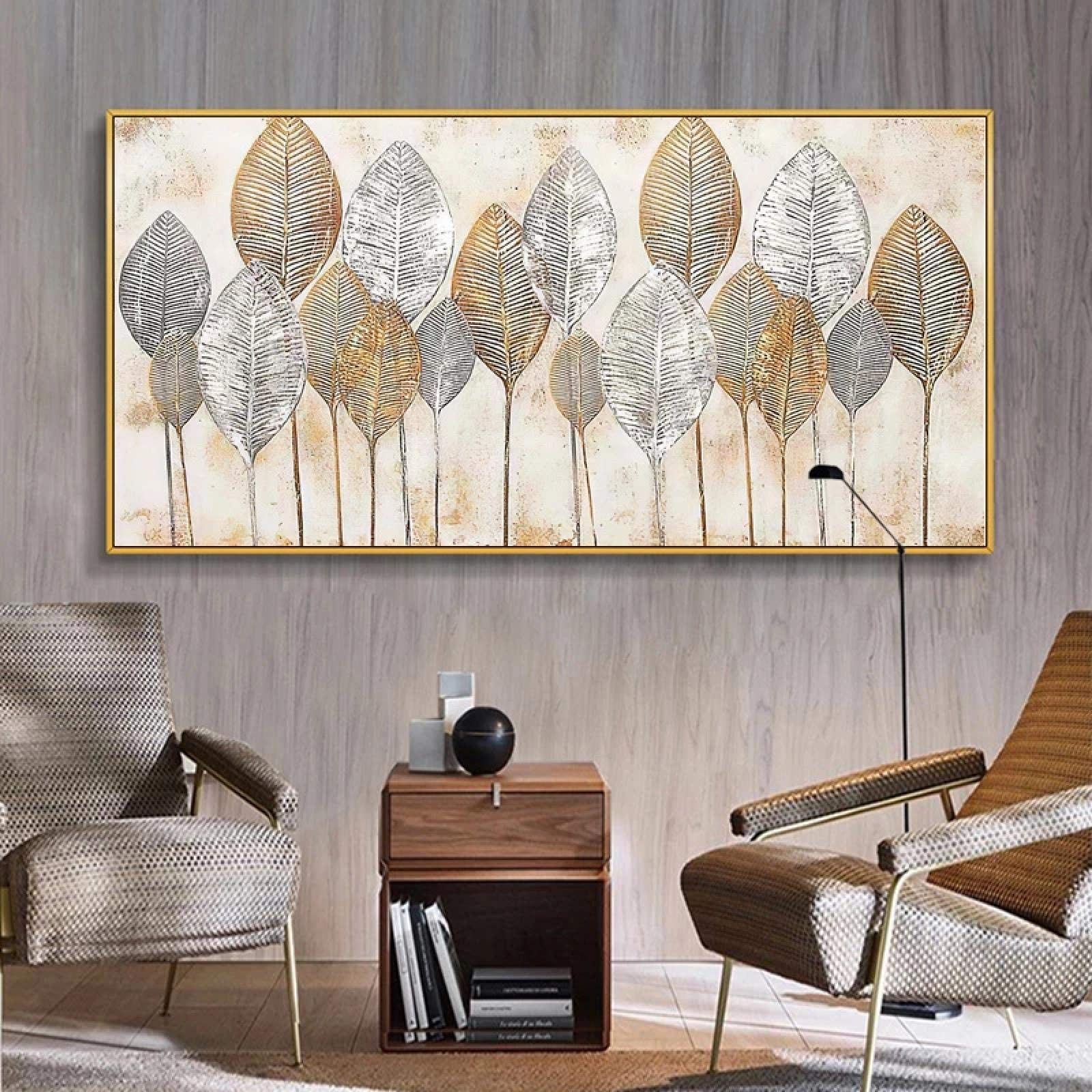 Yooyu Feuilles dorées abstraites Peinture sur toile Affiches et impressions modernes Tableau d'art mural nordique pour salon Décoration de la maison 40x80cm(16x31in) Cadre doré