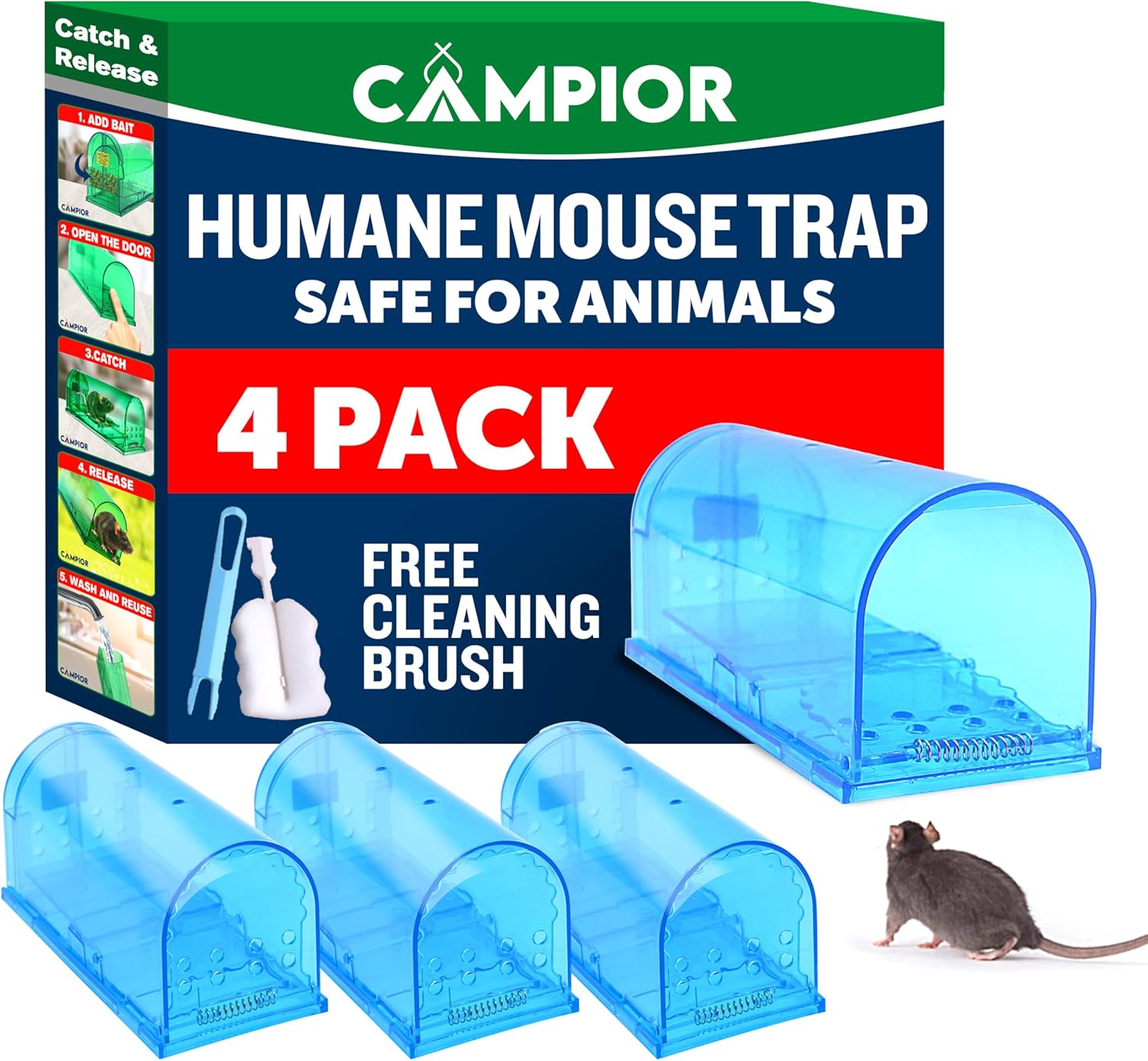humane mouse trap for house – large size, no-kill mouse traps indoor for home, catch-and-release rat and mouse trap, child & pet safe, easy to clean, no-touch release, pack of 4, blue blue 4 pack