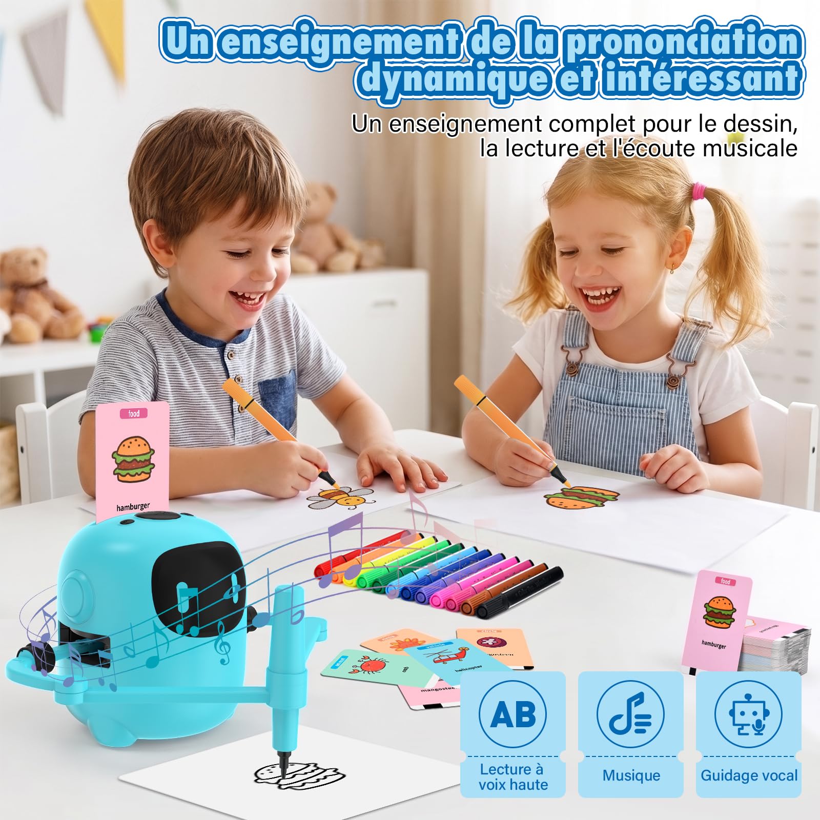 Robot Dessinateur Enfant, Robot de Dessin pour Enfants avec 100 Cartes & 12 Crayons, Interactif avec Fonction Vocale, Jouet éducatif Rechargeable pour Filles et Garçons de 3 à 10 Ans