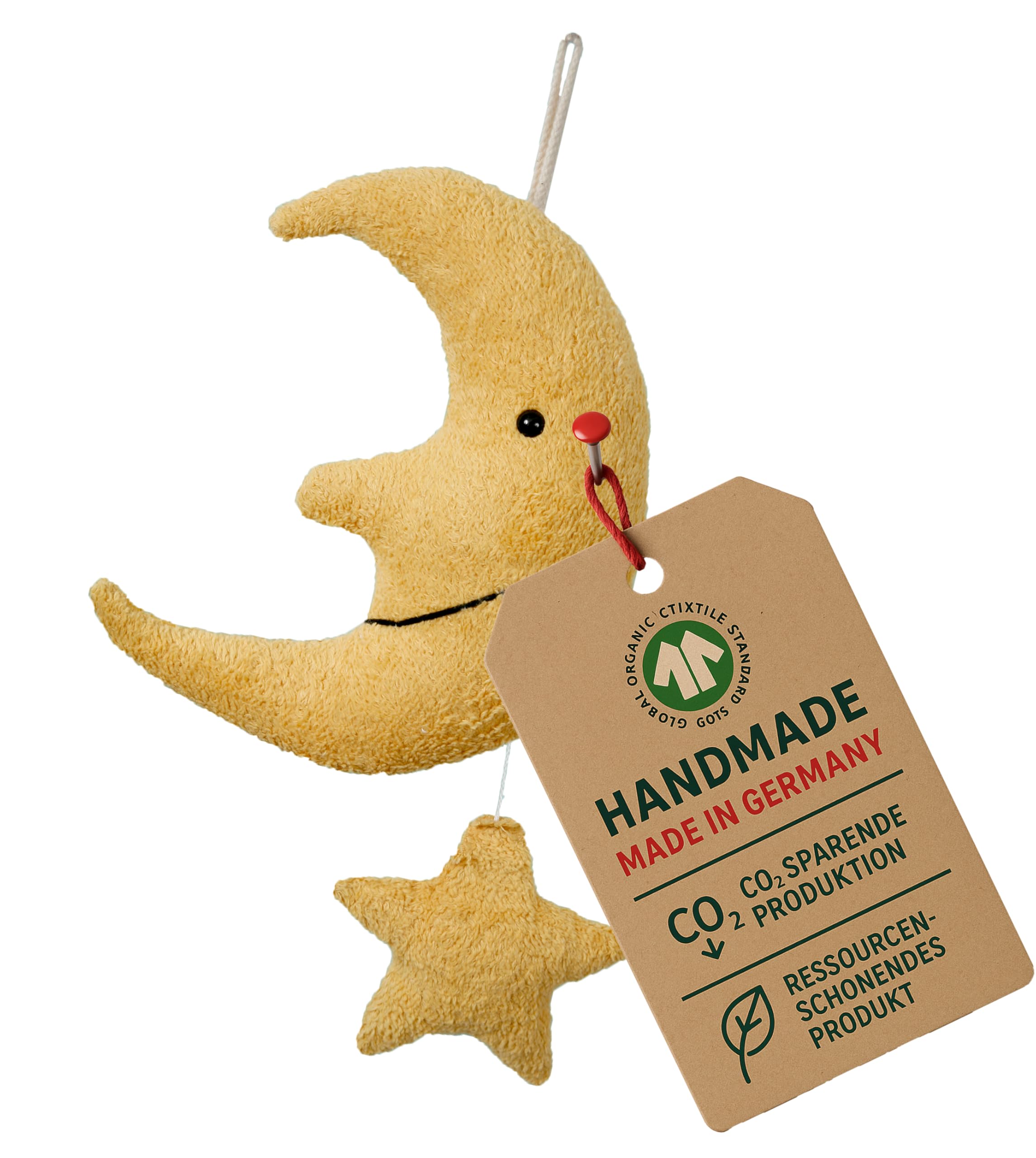 Efie Bio - Spieluhr Mond mit Stern – Bio-Baumwolle (kbA), Made in Germany, GOTS-zertifiziert - nachhaltig - Melodie Brahms Wiegenlied (⁠Guten Abend, gute Nacht)