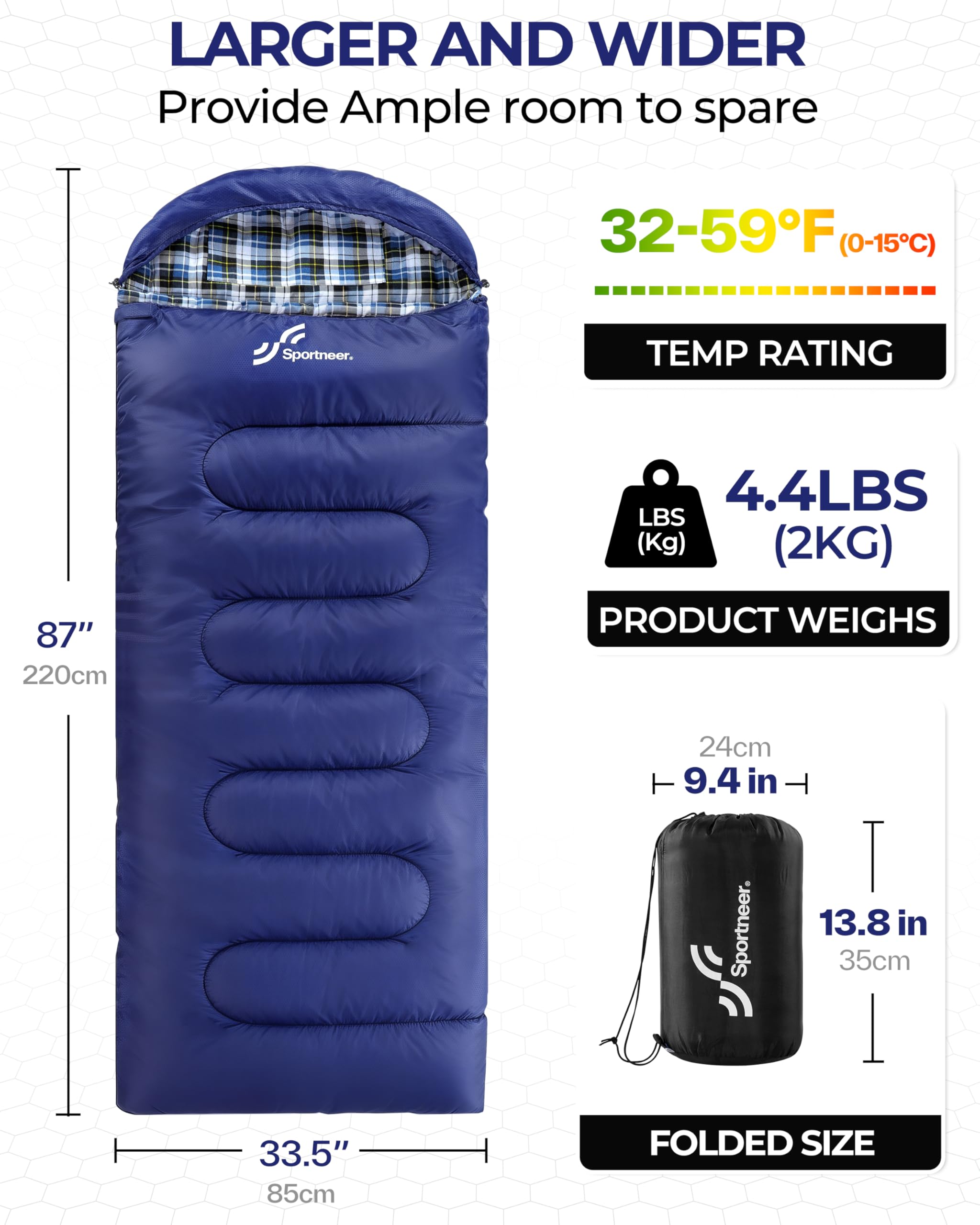Sportneer Śpiwór outdoorowy – śpiwór zimowy flanelowy, 220 x 85 cm, śpiwór zimowy ze zdejmowanym kapturem, kompaktowy śpiwór na 3-4 pory roku, zimna pogoda, na zimę, na kemping