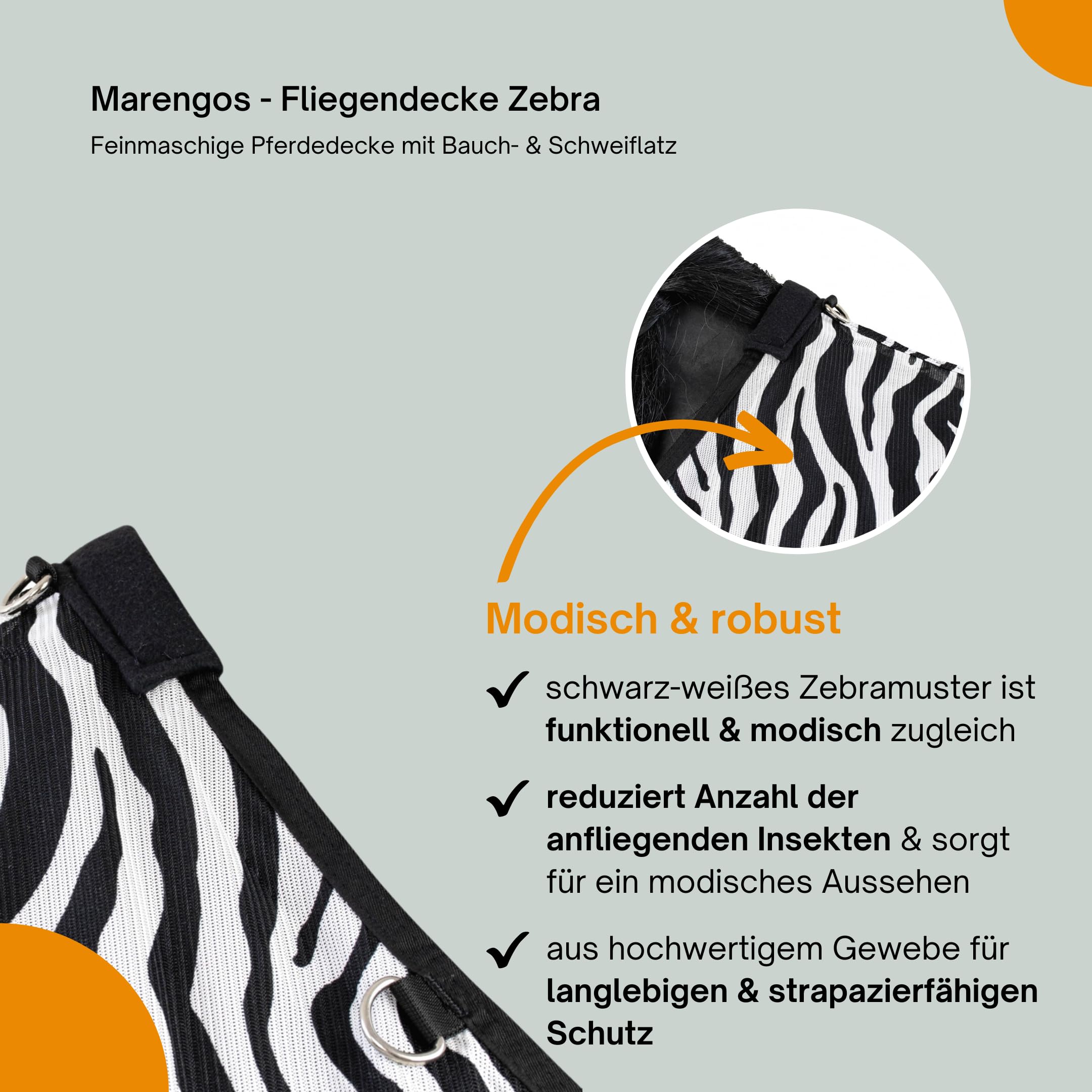 Marengos - Fliegendecke Zebra – feinmaschige Pferdedecke mit Bauch- & Schweiflatz – Schutz vor Insekten – mit Gehfalte & doppeltem Frontverschluss – Outdoor-Pferdedecke – 135 cm