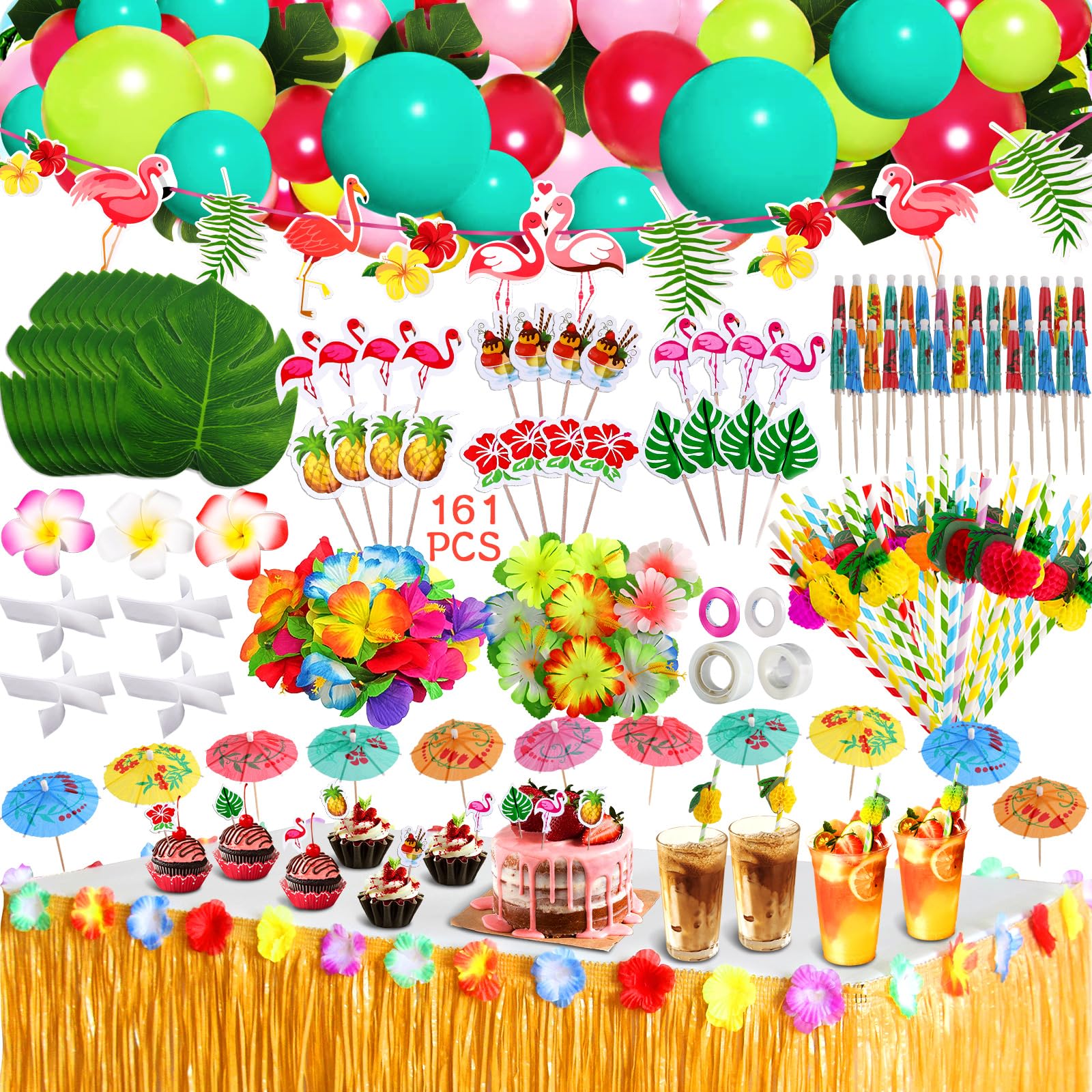 ZLPBAO 162 Pièces Hawaïenne Luau Table Jupe Set de Décoration, Decoration Anniversaire Tropical, Feuilles de Palmier, Fleurs Hawaïennes été Anniversaire Barbecue Fournitures de Fête de Jardin - 1