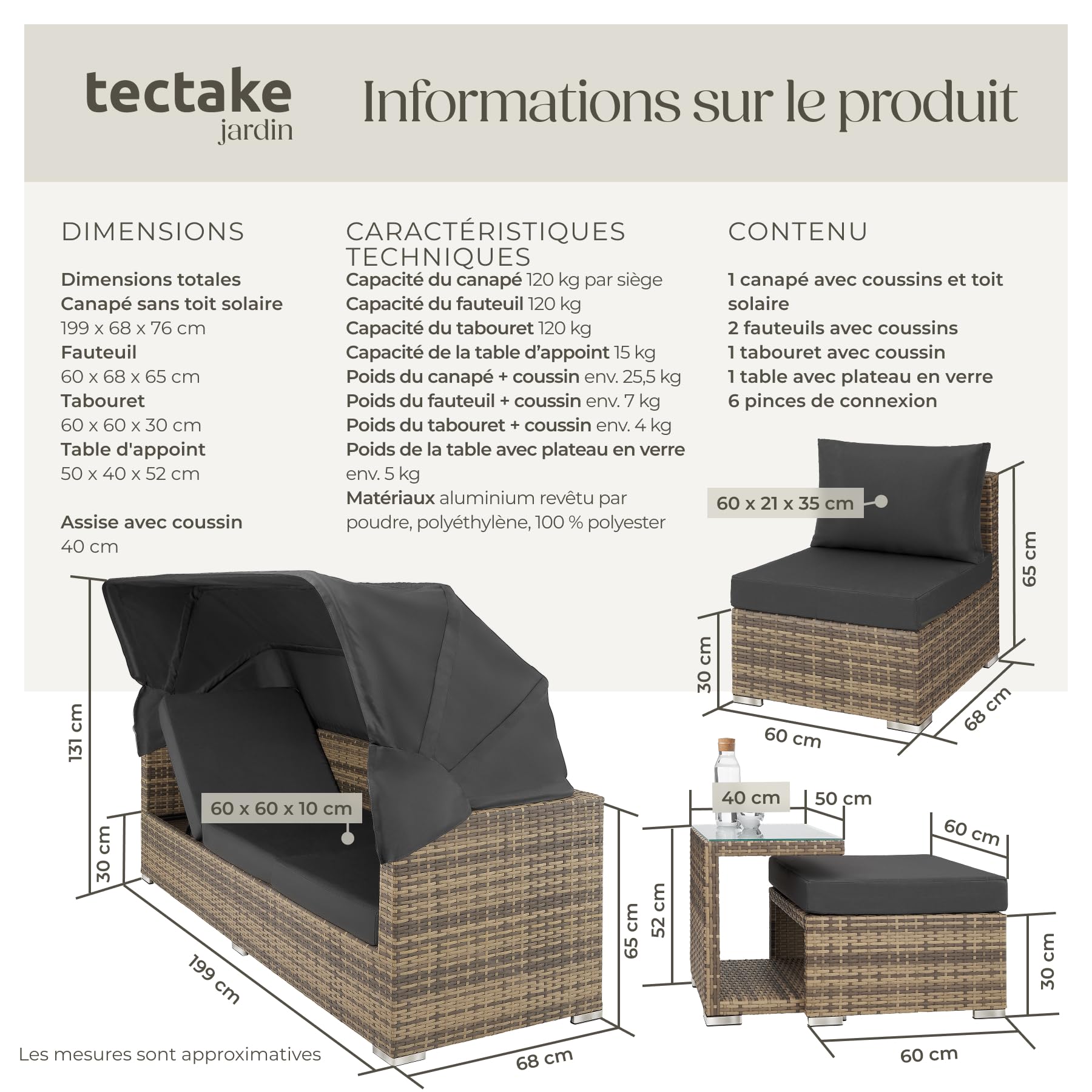 tectake® Salon de Jardin Exterieur Modulable Canapé de Jardin Bain de Soleil avec Pare-Soleil, Table de Jardin en Verre, Aluminium et Resine Tressee Amenagement Balcon Terrasse - Marron Naturel