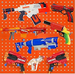 Skywin Wooden Peg Board for Nerf Gun Storage Organizer 13 x 13 x 0.31 In with Mesh Target Beg & Adhesive Stickers