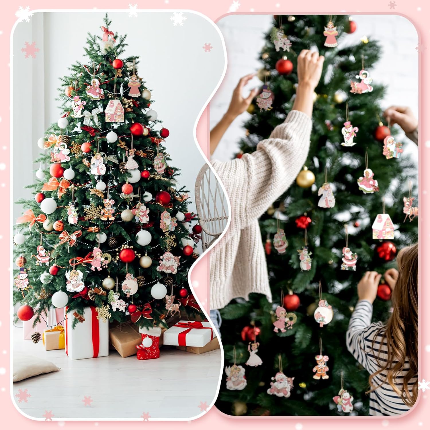 20 Pcs Vintage Christmas Hanging Ornaments Metal Tree Ornaments Santa Snowman Reindeer Snowman Rustic Farmhouse Christmas Tree Decorations for Xmas Winter Holiday Celebrations (Cute,Pink) - Image 6