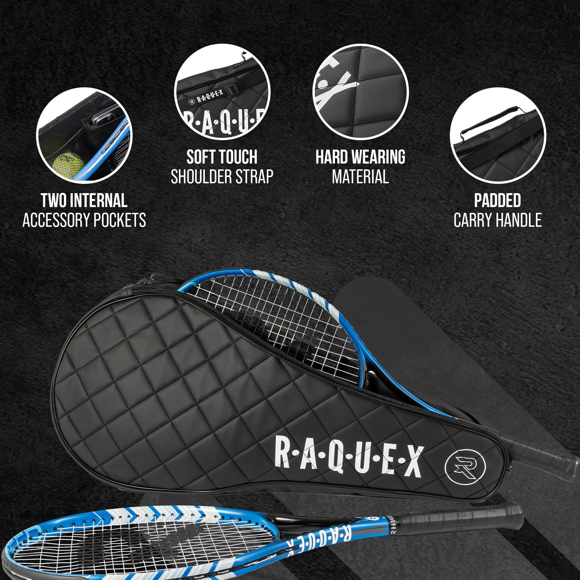 Raquex Elite Housse de protection pour raquette de tennis 2 – Sac avec poignée de transport et bandoulière – Housse matelassée en similicuir rembourré pour raquette de tennis – Noir – Cadeau de sport