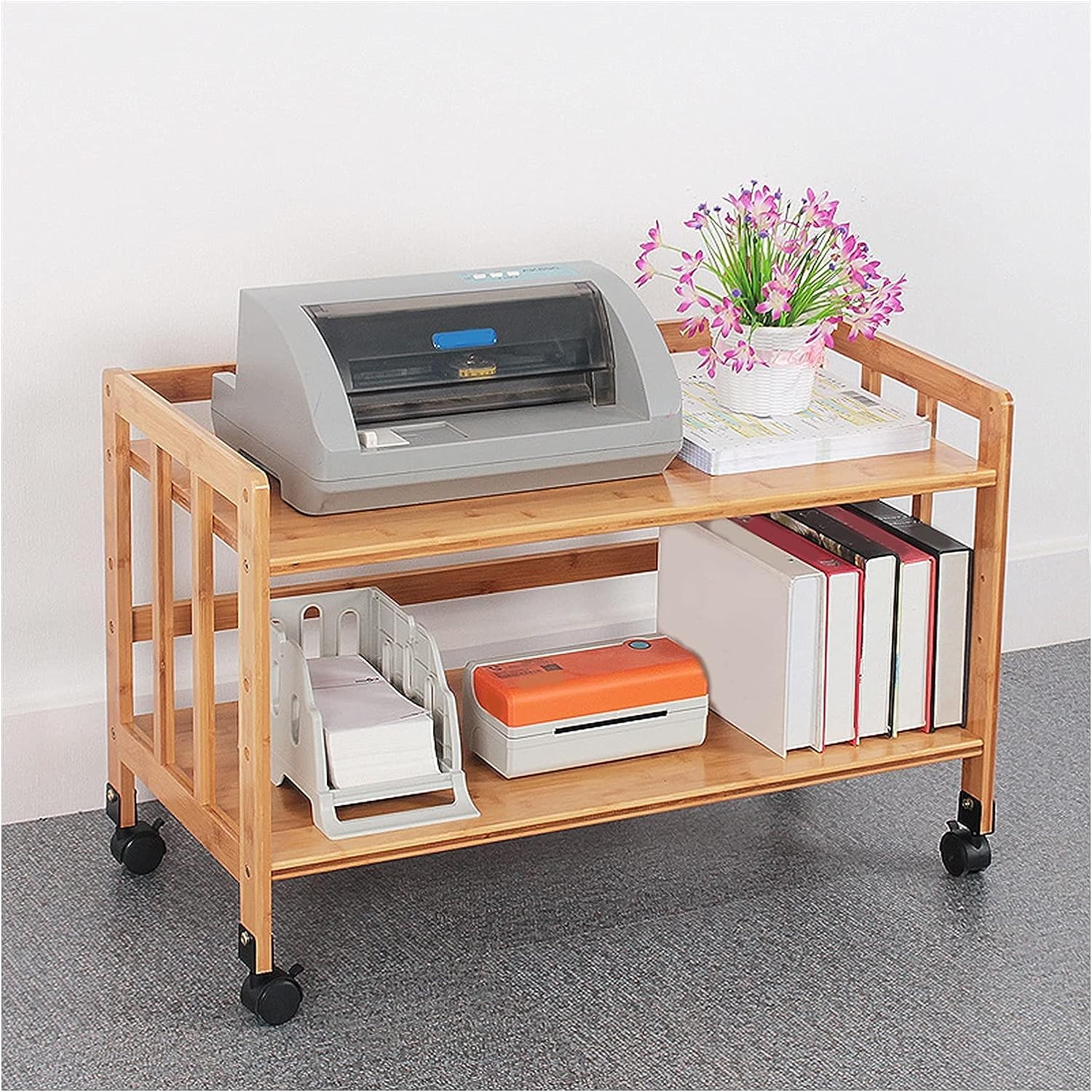 Regal für Drucker 2-stöckiger Druckerständer, Heimbüro, Bambus-Druckerregal, Desktop-Aufbewahrungsregale, Rollender Druckerwagen Mit Rädern Druckerhalter