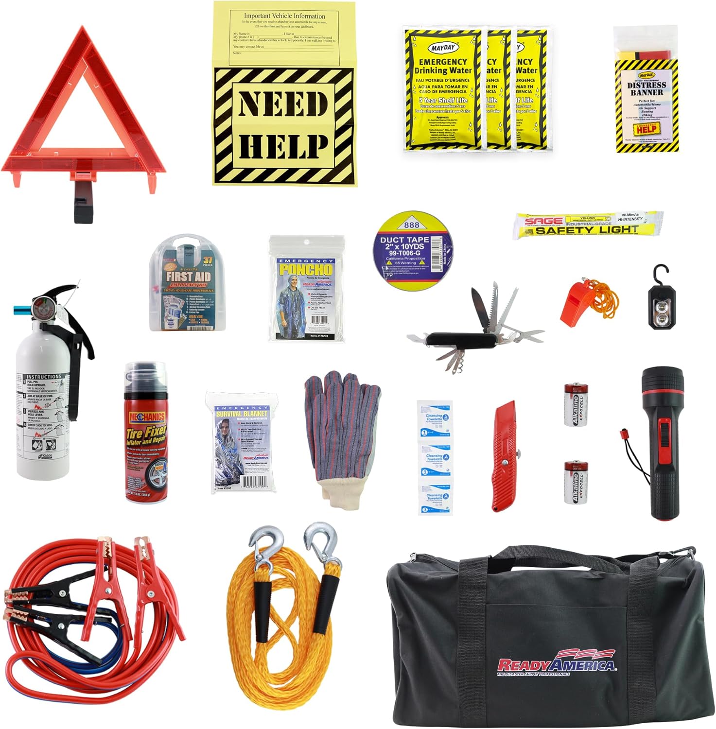 Ready America Auto Emergency Response Kit – Car Breakdown Survival Kit w/Jumper Cables, Tire Fixer, First Aid, Distress Tools & Essentials in Duffel Bag for Roadside Emergencies