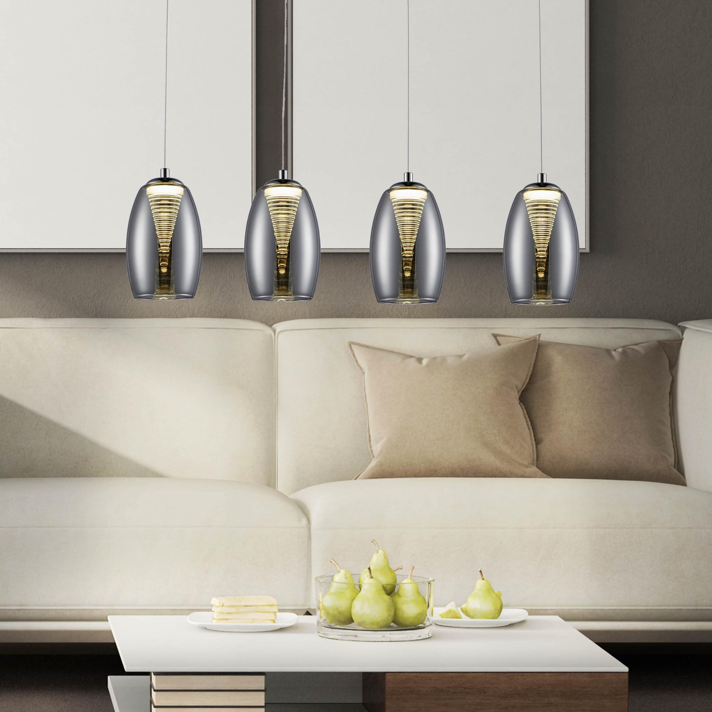 Lightbox LED Pendelleuchte mit Rauchglas - höhenverstellbare Hängelampe 4-flammig - dimmbare Deckenleuchte mit 3-Stufen-Schaltung - Lampe für Esstisch, Wohnzimmer & Küche - inkl. LED