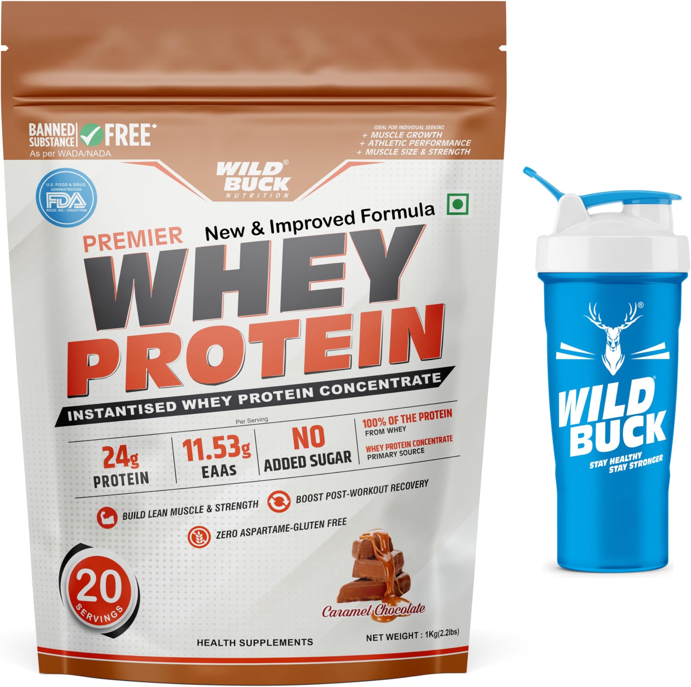 Nutrition Premier Whey Protein with Free Shaker – 1kg Whey Protein Powder | 24g Protein, 11.53g EAAs, 5.43g BCAAs | Instantised Whey Protein Concentrate | No Added Sugar | Muscle Building & Post Workout Recovery | Gym Protein for Men & Women | Strength & Lean Muscle Support | Caramel Chocolate