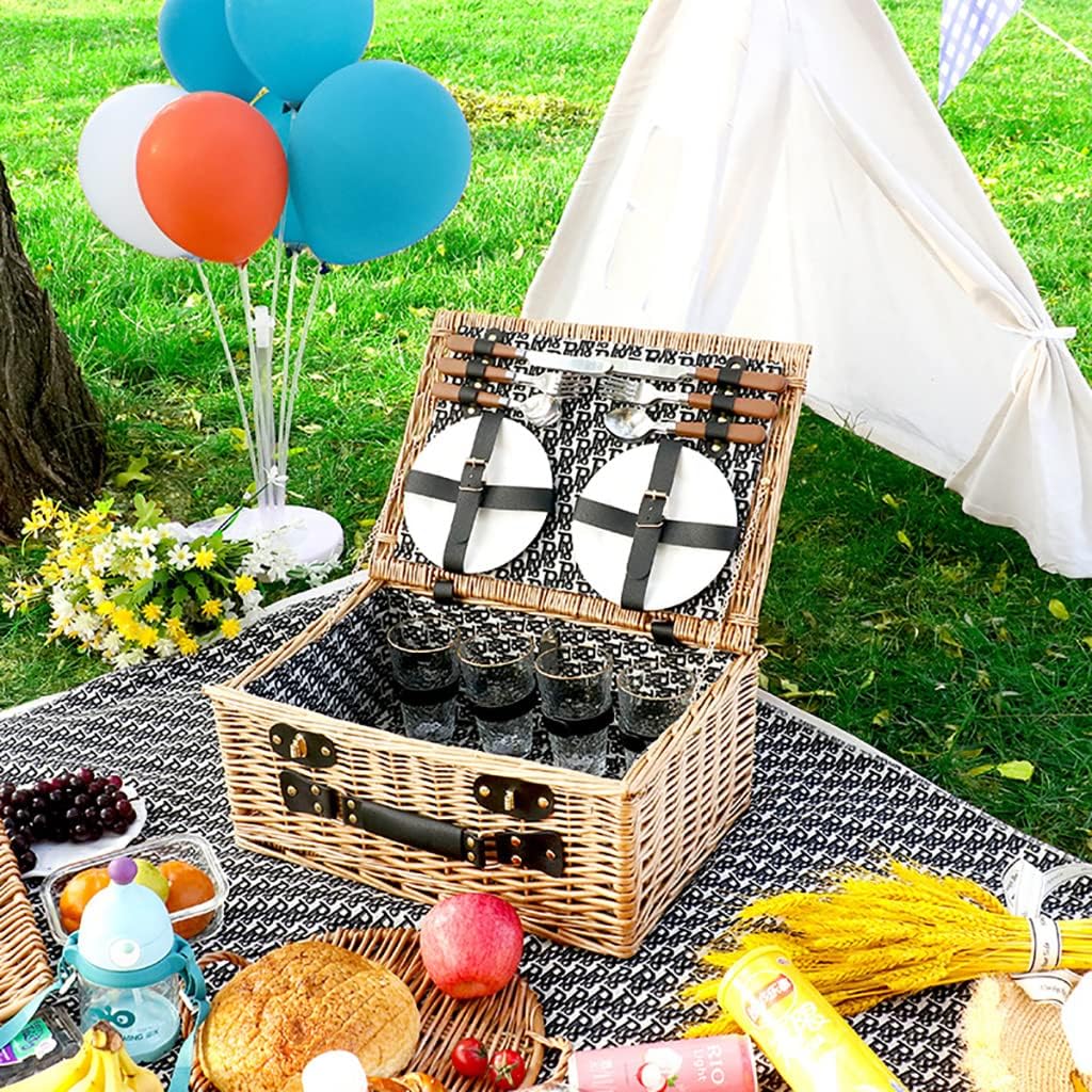 Picnic Basket 4 Person Picnic Baskets - Luxury Wicker Picnicr Basket Sets -Premium Set with Flatware,Plates,Salt & Pepper Shakers,Wine Glasses and Bottle Opener (C 46x20x33cm)
