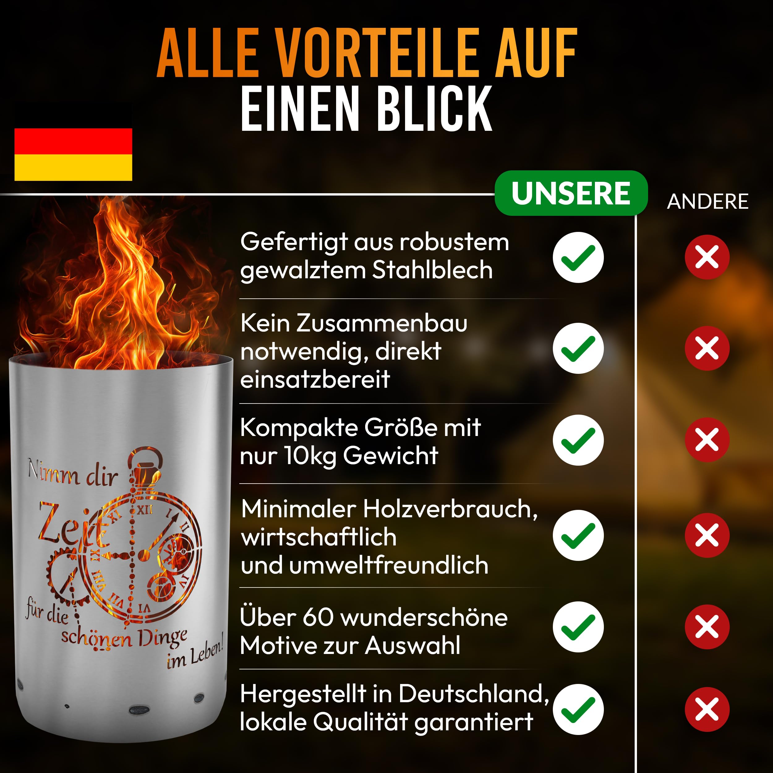 TiKo-Design® Feuertonne Feuerkorb mit Zeit Motiv – Nimm dir Zeit