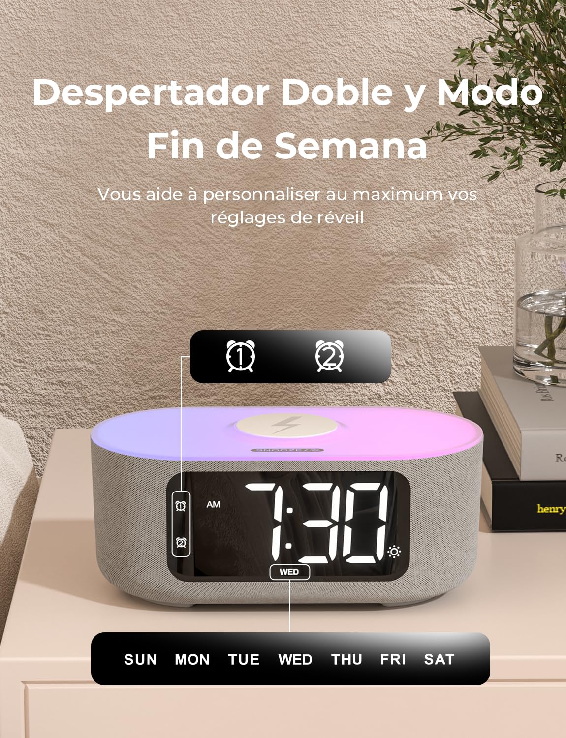 LIORQUE Radio Despertador Digital con Carga Inalámbrica 15W Qi, Reloj Despertador con Pantalla LED de Atenuación Automática, Luz Nocturna, Altavoz Bluetooth, Doble Alarma y Snooze, Modo Fin de Semana